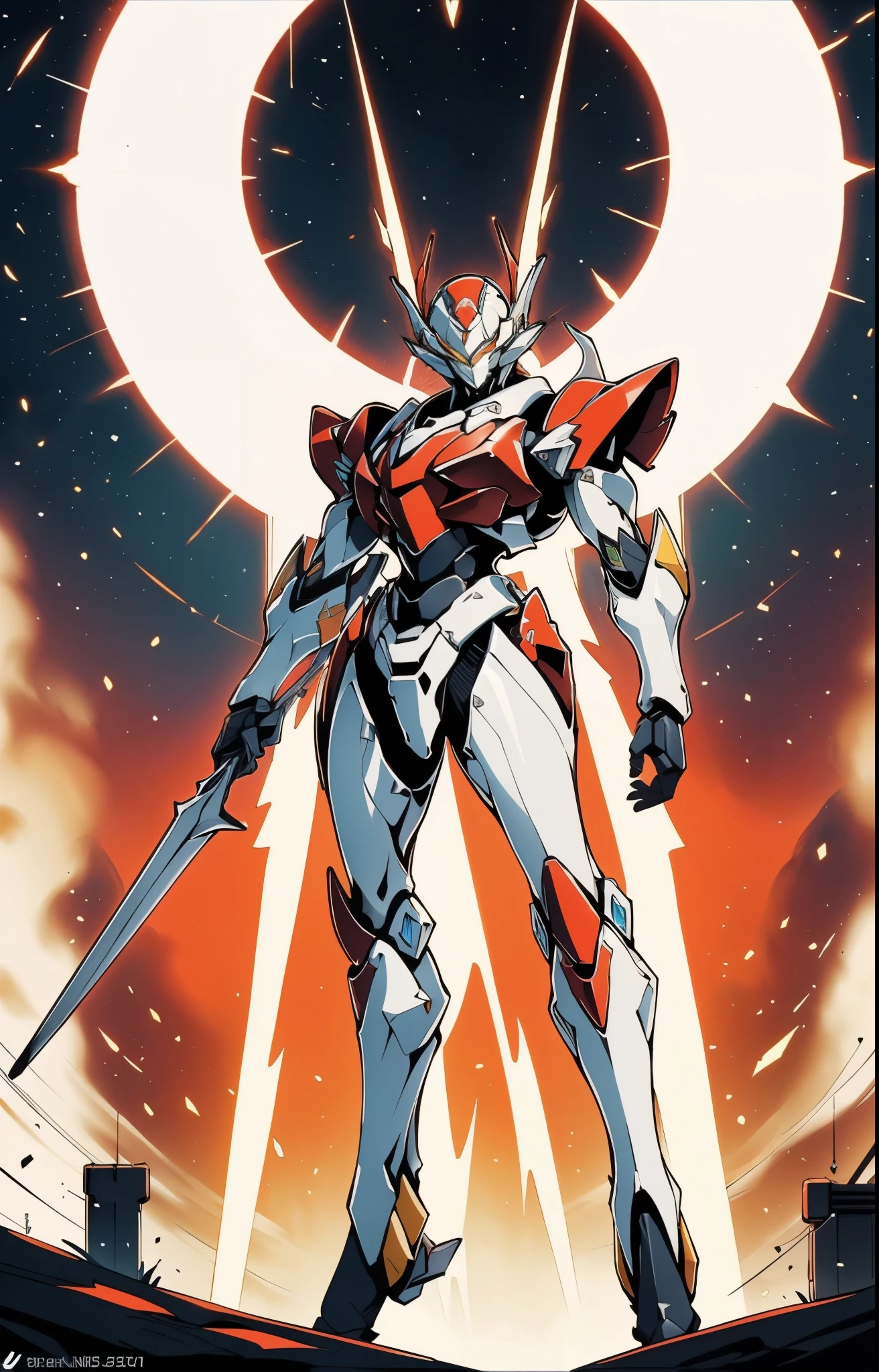 Humanoid Mecha, fully enclosed shoulder guards, matching arm and leg guards, full body, full armor, super robot, the design balances heavy with agility, (the color scheme is primarily white with red and blue accents, the concept Inspired by super robot, artificial muscle chest armor, pose, standing, floating high above the futuristic sci-fi city), exquisite and mature art style, (aura effect, energy, glowing eyes, the armor glows), ((SRS)), metallic, dramatic, high definition, best quality, highres, ultra-detailed, ultra-fine painting, extremely delicate, professional, perfect body proportions, anatomically correct, symmetrical face, extremely detailed eyes and face, high quality eyes, creativity, RAW photo, UHD, 32k, Natural light, cinematic lighting, masterpiece-anatomy-perfect, masterpiece:1.5