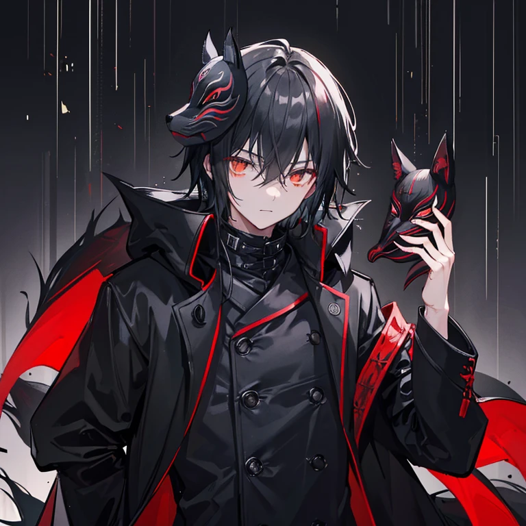 1boy, black heir, Night City, rain, ((black red long coat)), (((black fox mask))),hand up,mask on hand,covering face,