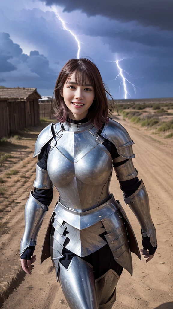 detailed face, cute face,masterpiece, highest quality, Super detailed, figure, Wide-angle, (A warrior girl is walking in the desolate land, desolate world, outdoor,fighting pose:1.35), (lightning strike, Thunder storm:1.35), alone, whole body, (20th Generation, Pink short Hair:1.15), (full plate armor,luxury knight armor, holy weapon:1.35), composition, balance, Harmony, rhythm, color, Light、(Droopy eyes, Natural Makeup、 Ultra-high definition beauty face:1.15)、(Ultra-high resolution perfect beautiful teeth, Medium chest, Narrow waist, smile:1.15)、Ultra HD Shining Eyes、Super high quality glossy lip,