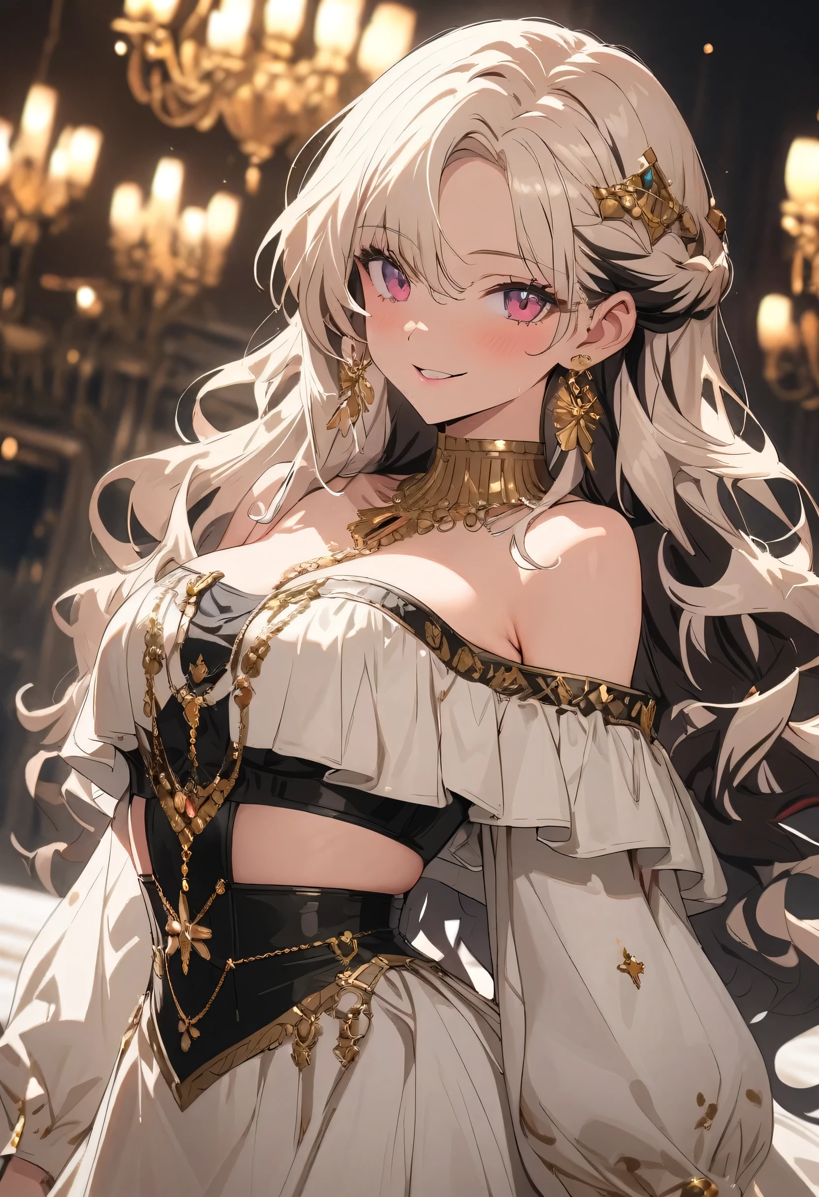 ((Top Quality)), ((Masterpiece)), (Detail), perfect face, fine eyes, depth of field, special shading, ((cowboy shot)), one beautiful girl, seductive Lips, medium breasts, Smile, white hair, ((highlights hair, multicolored hair)), natural wavy hair, (Chiemsee Tracht, luxurious ornaments:1.3), anime Style, fine skin
