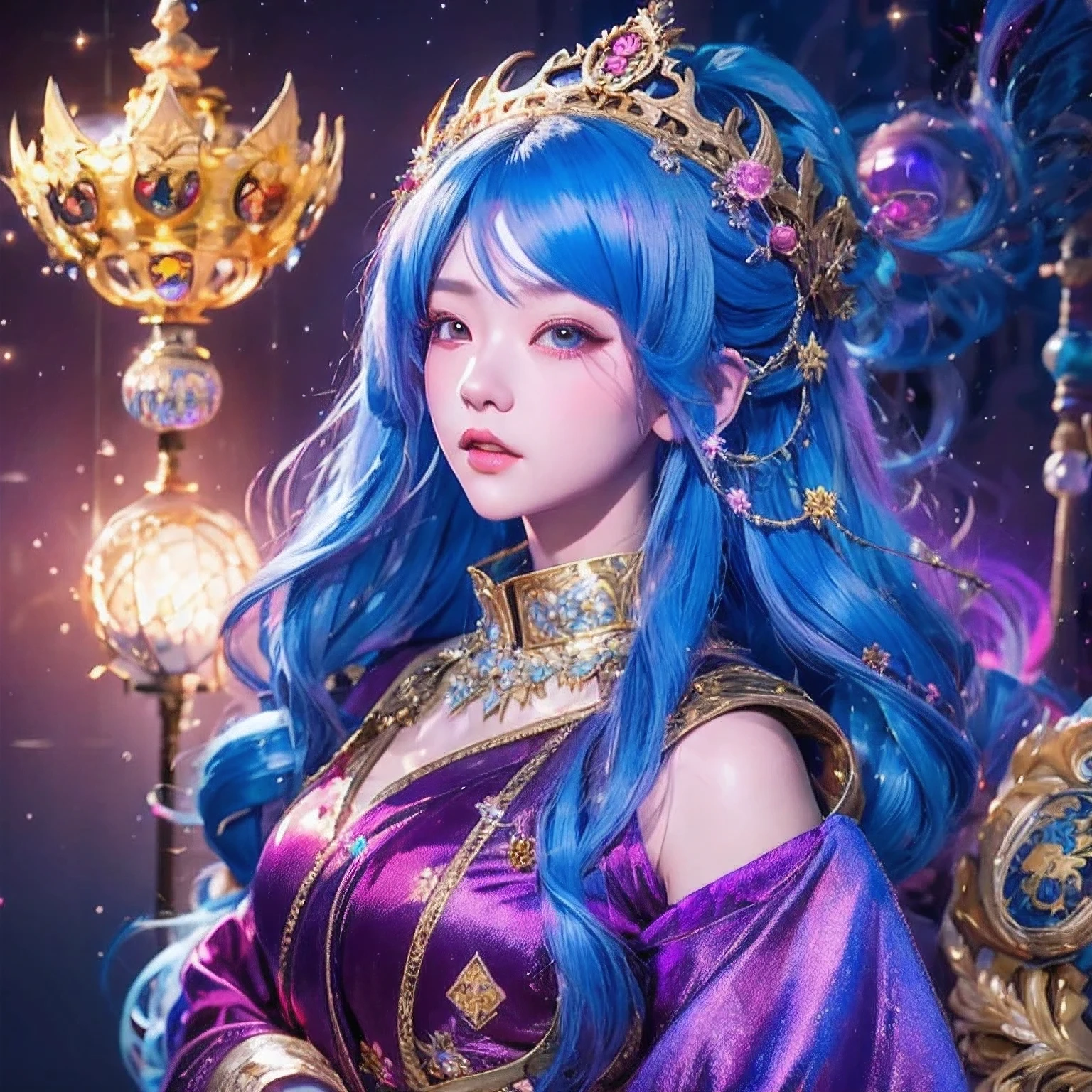 18 years old with blue hair wearing a gold crown and a blue wig, fantasy art style, ((a beautiful fantasy empress)), a beautiful fantasy empress, artwork in the style of Girl, azure. Purple pink hair, 18 years old, palace ， a girl in hanfu, beautiful celestial mage, anime girl with cosmic hair