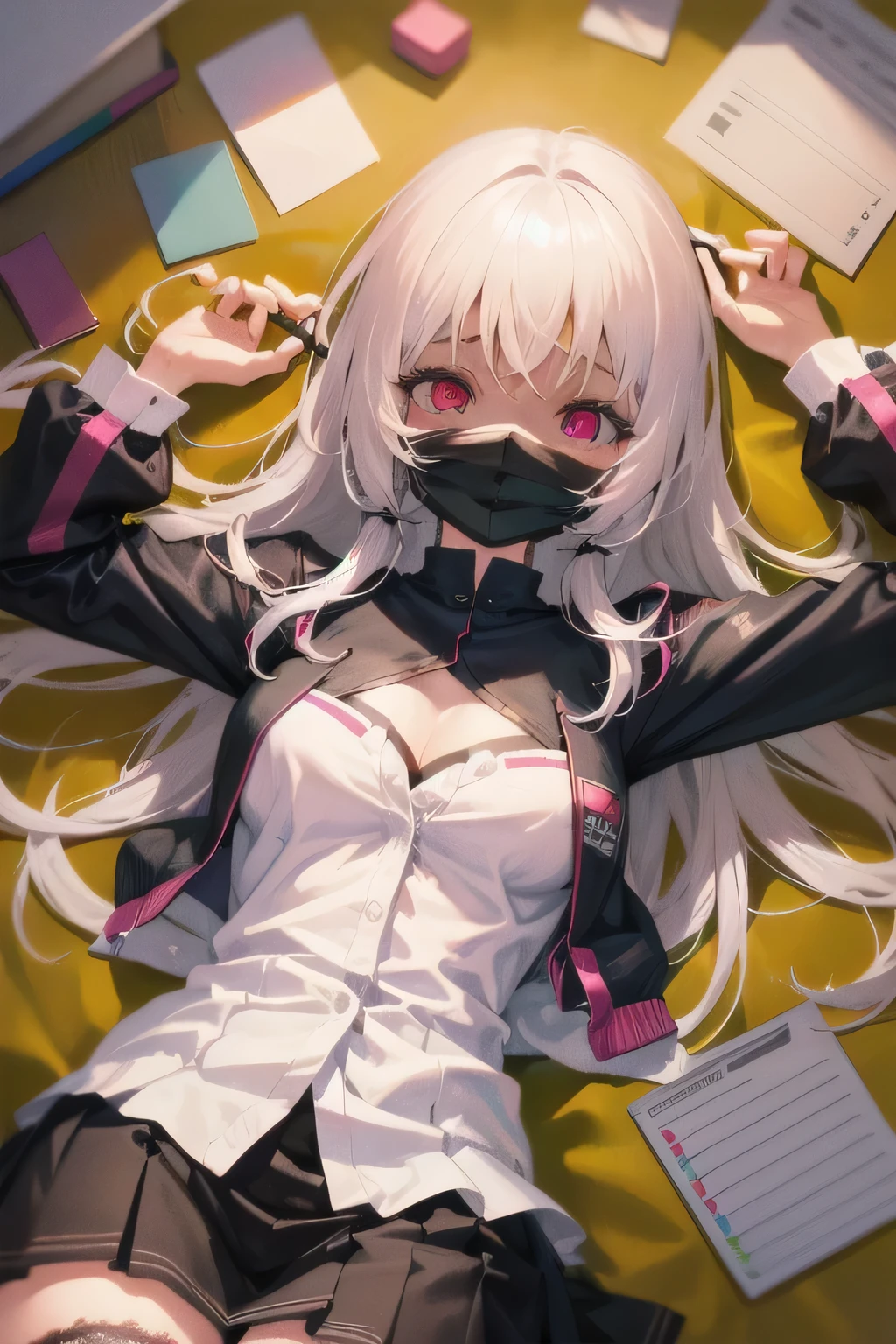 (Tabletop:1.0), (highest quality:1.4), (High resolution:1.2),(Latex lace mouth mask:1.3), Open your mouth, ,Sharp contours, boyish, highest quality, masterpiece,Glasses,Voice of the Heart,20-year-old woman,yandere,Big Breasts,Chest to chest,Lying face down,Ecstasy,saliva,blush,Squint your eyes,Heterochromia iridis,Tuck up your clothes,lure,under shot,skirt lift,zettai ryouiki,open clothes