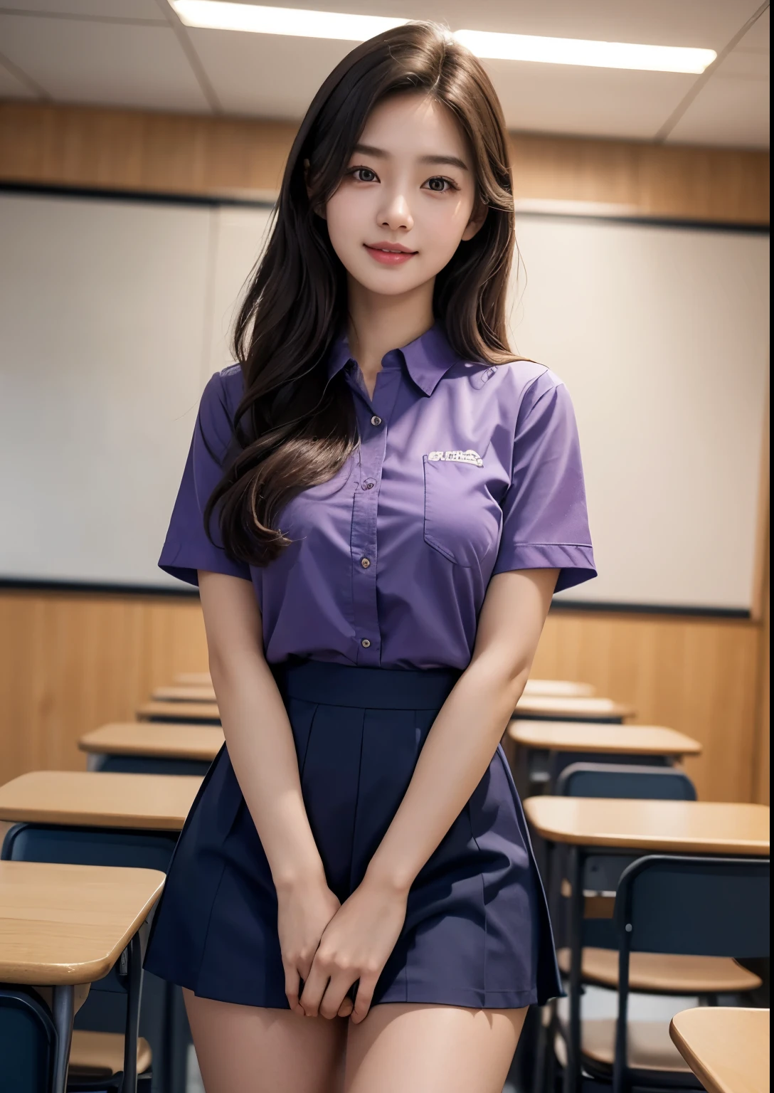 a beautiful cute and sweet 18 year old Korean college student girl in a classroom, standing with an above knee length light purple uniform, intricate detailed face, beautiful eyes, nose, lips, long eyelashes, elegant posture, ambient lighting, photorealistic, cinematic lighting, highly detailed, 8k, masterpiece, beautiful face, realistic face, realistic skin, realistic smile, realistic atmosphere, every thing is realistic, cutest smile, realistic body, realistic body language, mouth watering beauty, cute face, stylish look, stylish angles, tempting eyes, realistic hands, realistic arms, realistic hand fingers, realistic legs, bright skin, perfect body figure, round youngest breasts,