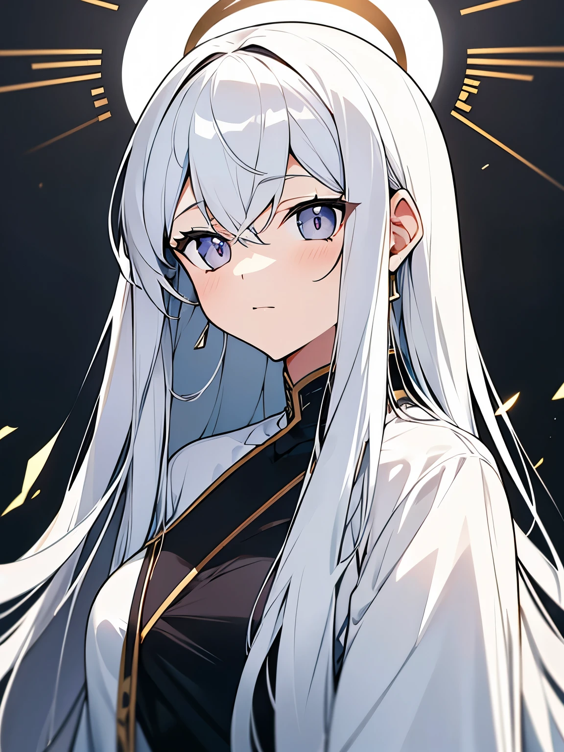 Young woman, loose white clothes, white long hair, straight hair, silver eyes, character looking up and down,in the hands of a solid metal spear, Black Sky, behind the head there is a bright golden halo