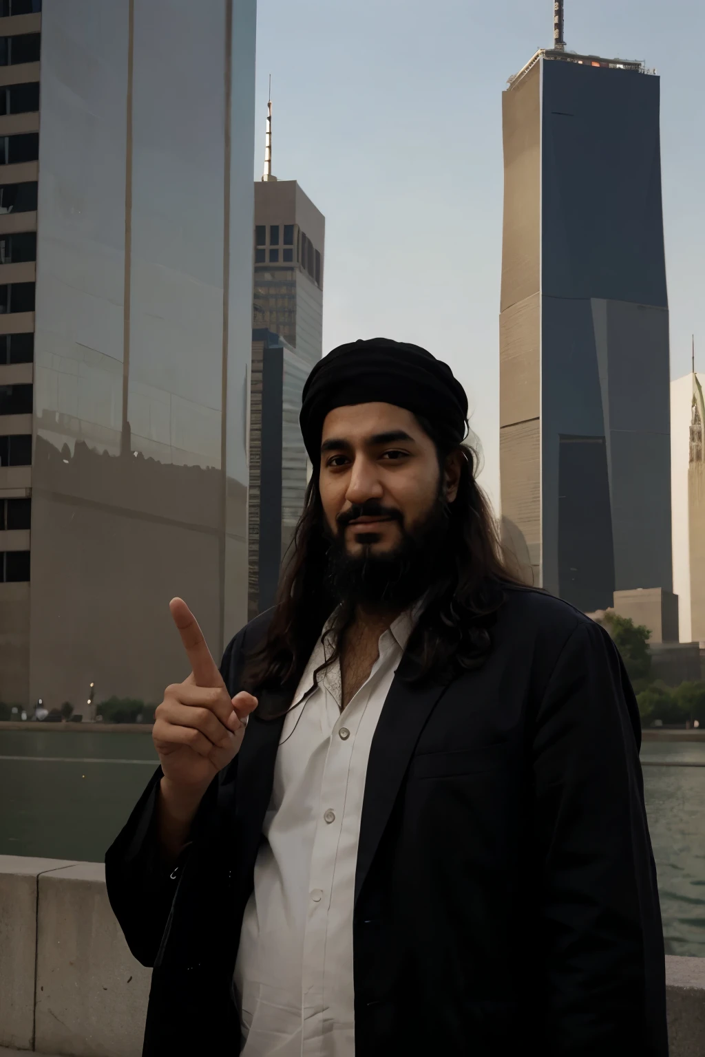 Meme Osama Bin Laden stands in front of the Twin Towers and points his finger at them, smile 