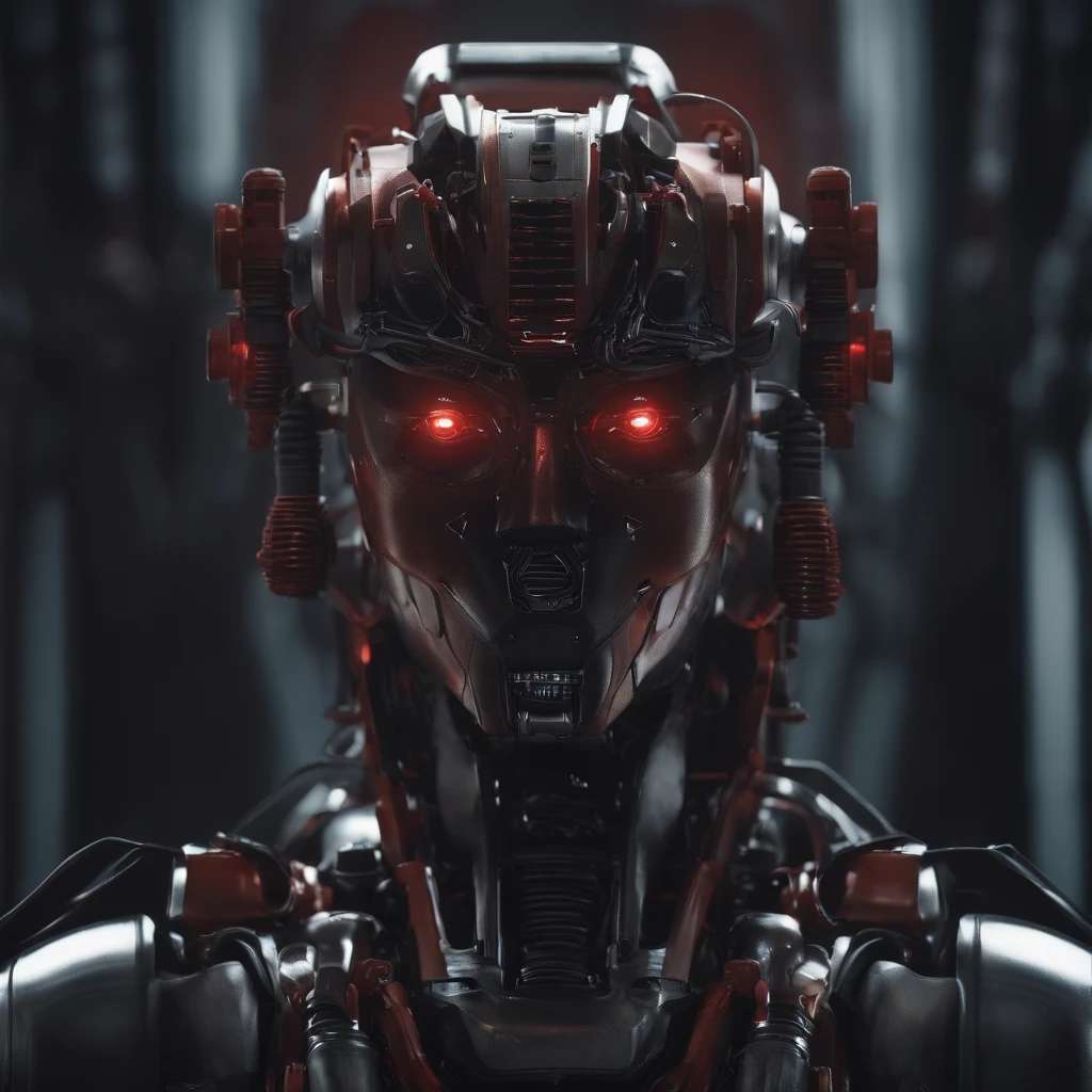 robot, ultraRealistic, fond sombre, les yeux rouges
