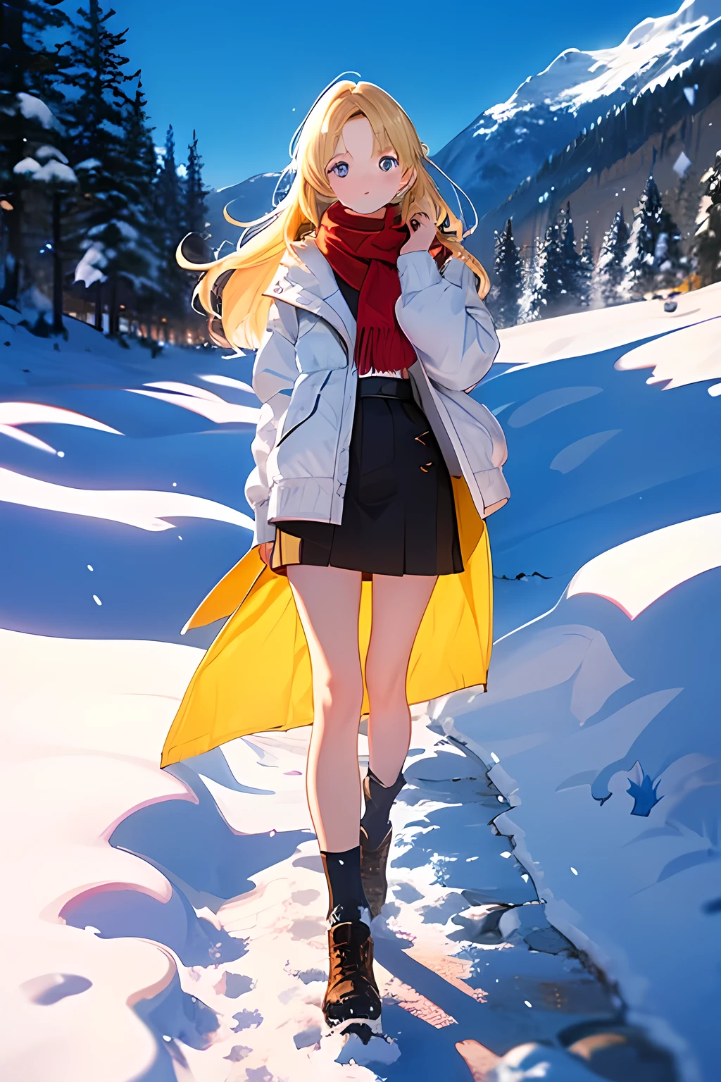 Beautiful blonde woman standing in the snowy mountains with colorful, perfect lighting. Shot with Leica Summicron 35mm f2.0 lens on Kodak Portra 400 film.