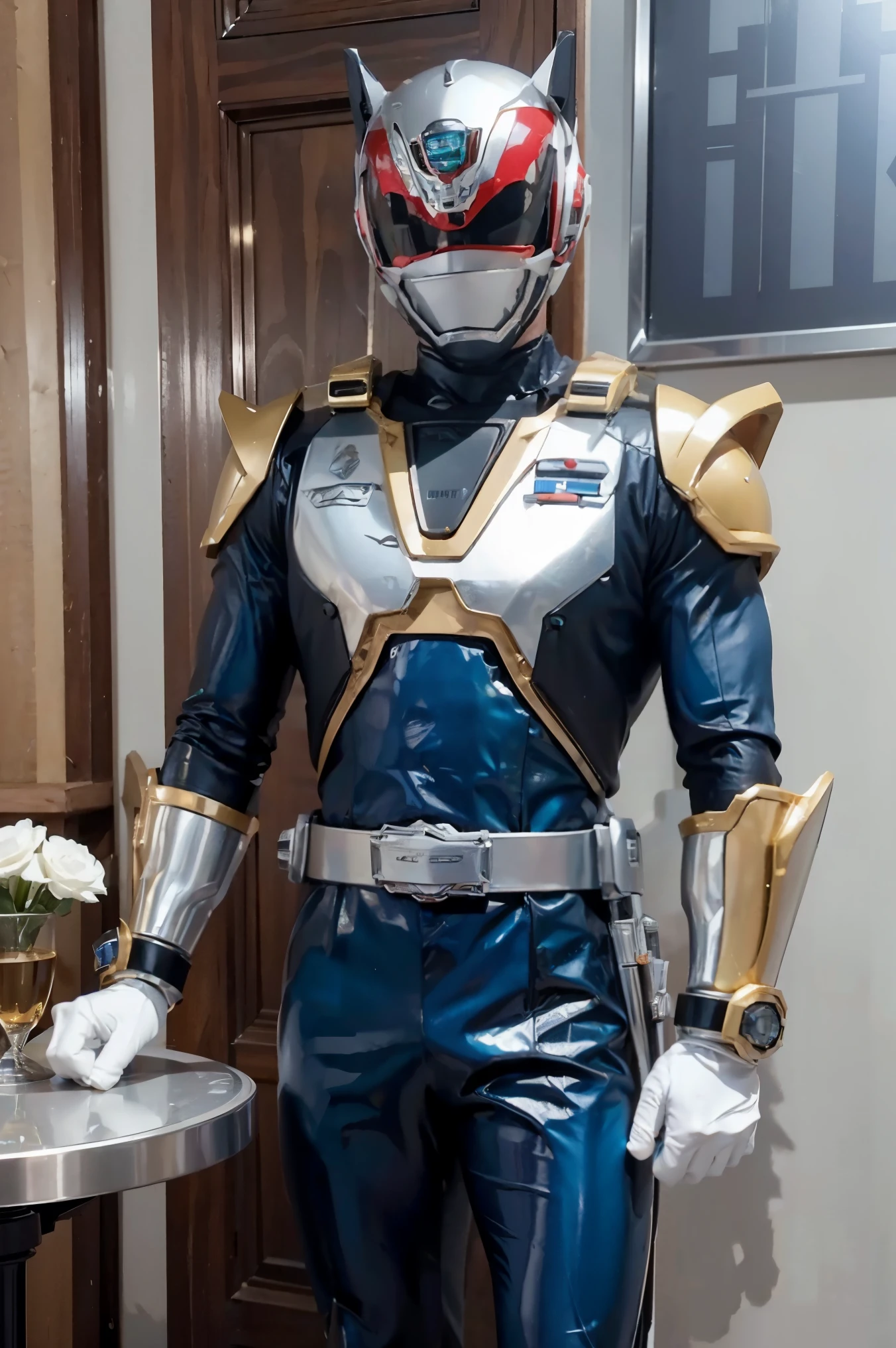 Fantasy background, cafe rpg style, empty chair, table, set of tea glass, (power rangers)), One guy、, ((platinum ranger suit)), red and blue chest armor with gold details, costume, Solo, ((fit figure)), (Anatomically correct), Cowboy shot, masked face, guns, muscular build
