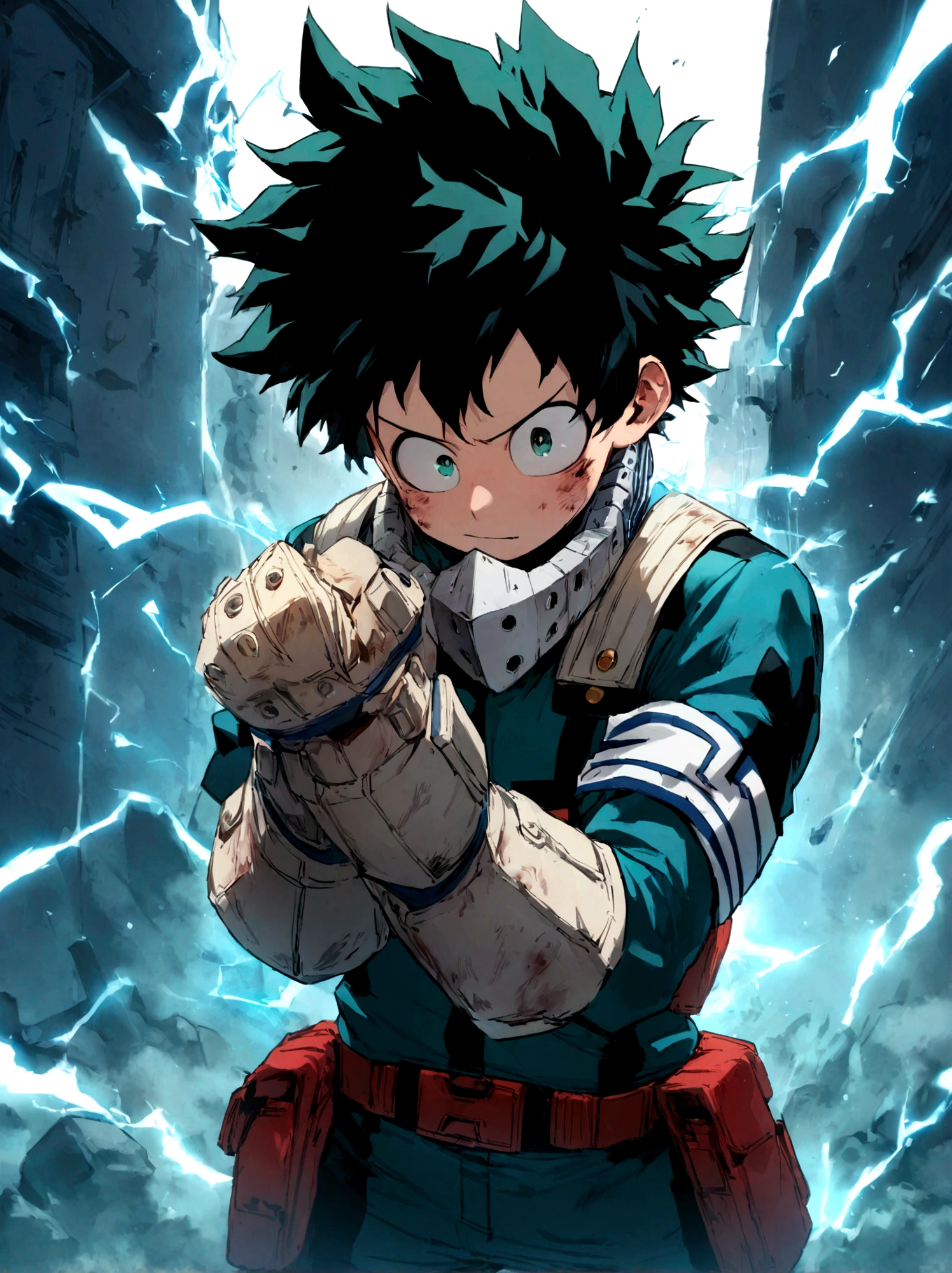 1boy, male focus, midoriya izuku, boku no hero academia, injury, electricity,, masterpiece, best quality, very aesthetic, absurdres