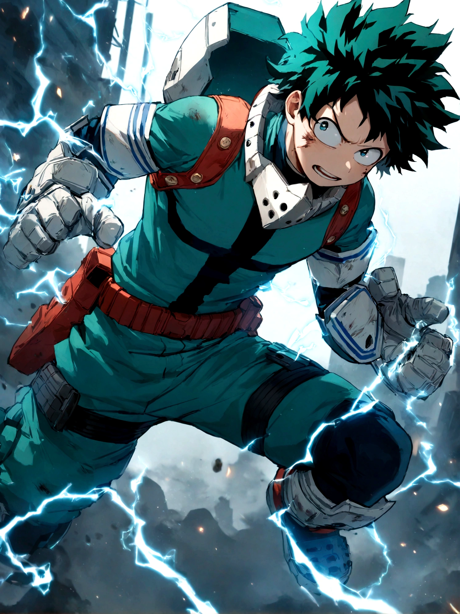 1boy, male focus, midoriya izuku, boku no hero academia, injury, electricity,, masterpiece, best quality, very aesthetic, absurdres