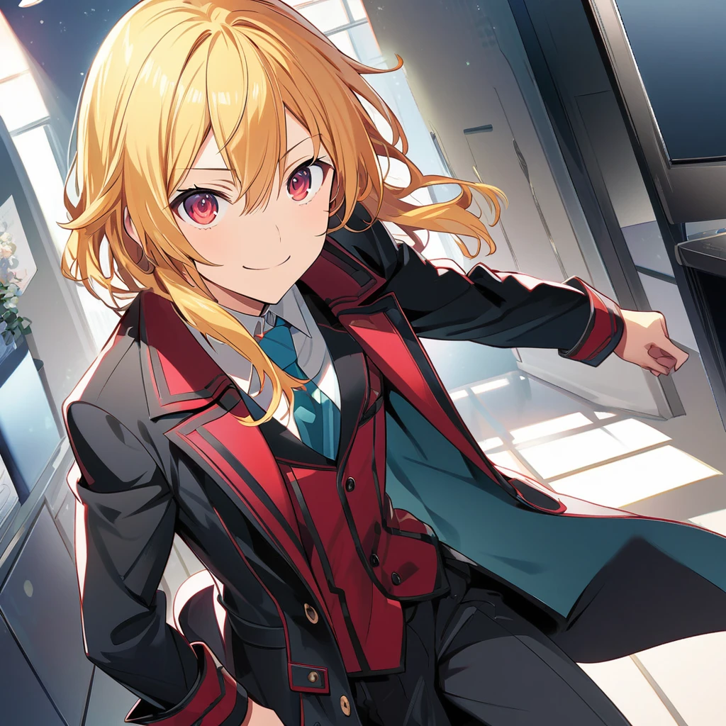 Rimuru Tempest \(AKB0048 Next Stage\), (short Golden hair), (rose red eyes):1.2, male office suit, bangs, smiling gently, overcoat, ((ultra-detailed)), ((illustration)), ((neat hair)), (beautiful detailed eyes), male, 1boy, standing, ((office)), looking at viewer