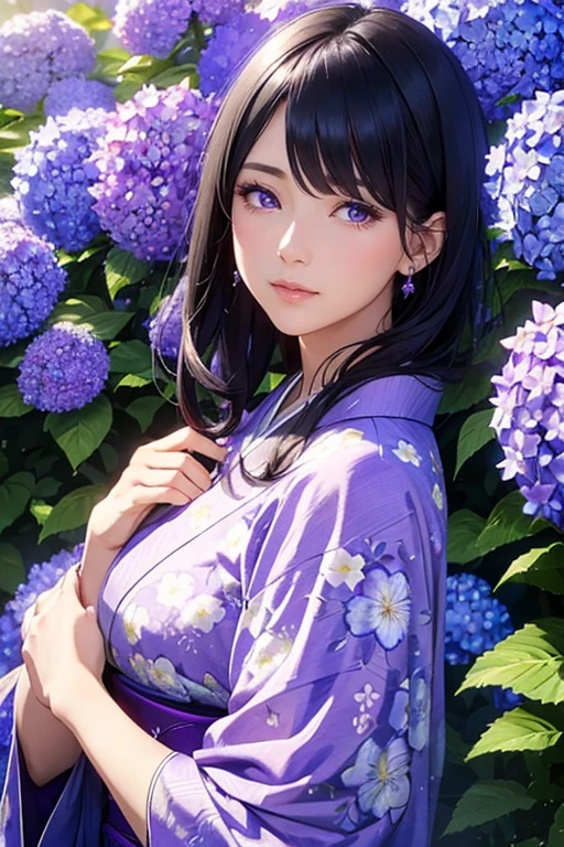 a beautiful woman in a lavender kimono with Japanese black hair standing in a field of blooming blue hydrangeas, tears sparkling in her amethyst eyes, photorealistic, highly detailed, 8k, masterpiece, elegant, serene, vibrant colors, dramatic lighting