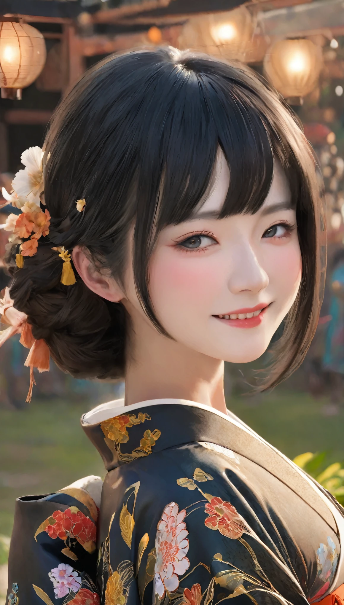 (kimono),(highest quality,masterpiece:1.3,Ultra-high resolution,),(Very detailed,Caustics),(Realistic:1.4,RAW shooting,)Ultra-Realistic Capture,Very detailed,High resolution 16K suitable for human skin,Translucent white skin,Use natural light and color,1 female,Japanese,,beautiful, 18-year-old, smile, Black Hair, Mid-length hair,(Depth of the written border, chromatic aberration,, Wide range of lighting, Natural Shading,),(Hair swaying in the wind: 1.1),(Outdoor lighting at night: 1.3),(Summer festival fair background: 1.2), front