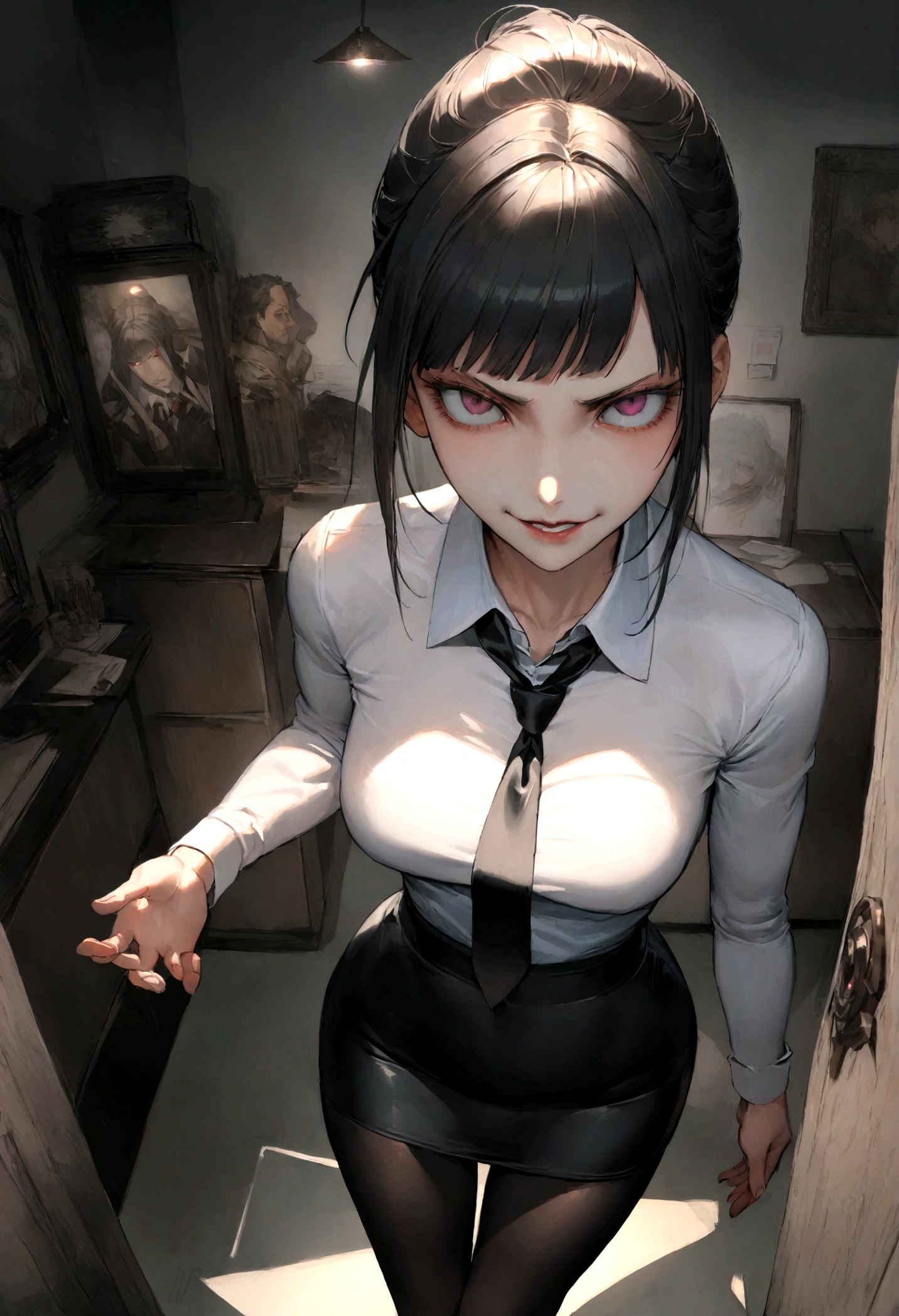 juri han, work of art, tight white secretary shirt with black tie, black high waist skirt, short skirt, black hair, black tights,evil smile,office,franja nos olhos,lighting,chifre de cabelos,view from above,olhando para cima,sentada,pernas cruzadas