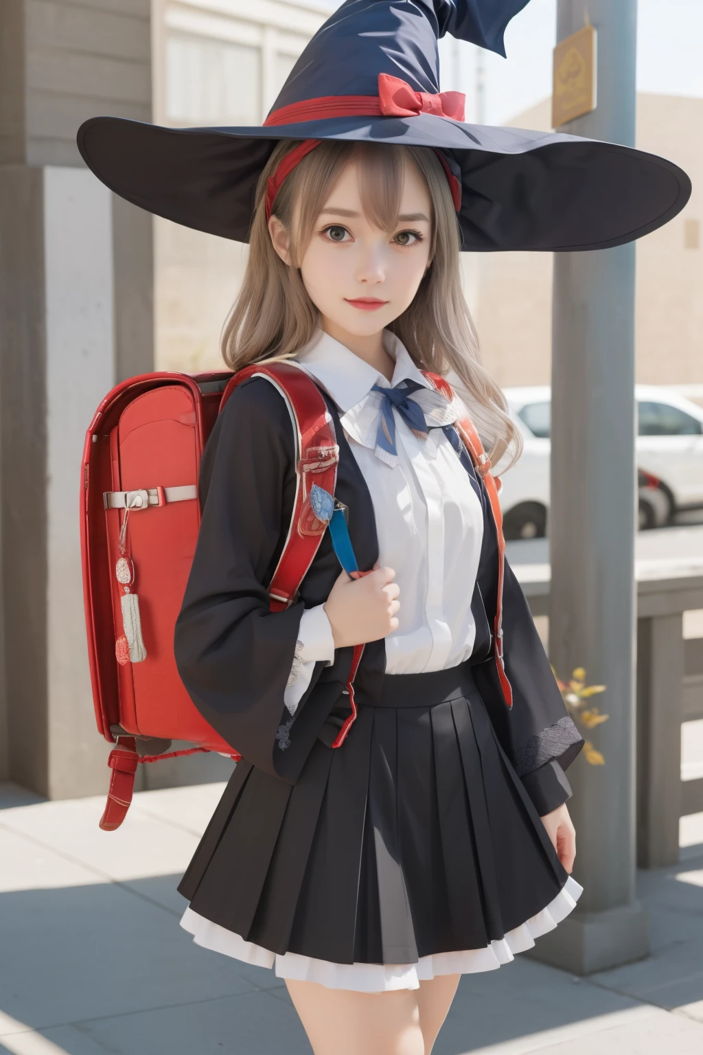 Masterpiece, hd, realistic, cosplayer
elaina, witch, wizard, elaina \(majo no tabitabi\), cosplay, 1girl, solo,
open robe, collared shirt, long sleeves, wide sleeves, pleated skirt, witch hat, bowtie, frilled skirt,
jewelry, badge,
long hair, bangs, hair between eyes, grey hair, hair ribbon, hair bow,
looking at viewer, cowboy shot, standing,
Outdoor, day,
Wearing red backpack, (backpack:1.2)