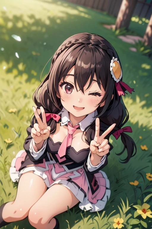 (masterpiece, highest quality), One girl,    Yunyun,Long Hair,Braiding,Twin tails,Hair between the eyes,Hair Ribbon,hair ornaments,Slightly larger breasts,tie,Pink Skirt、Both eyes closed、smile、Girl sitting on the grass、Upward glance、View from above、A peace sign with one hand