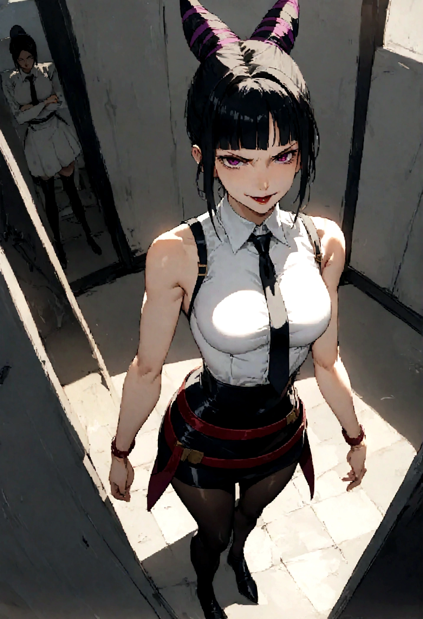 juri han, work of art, tight white secretary shirt with black tie, black high waist skirt, short skirt, black hair, black tights,evil smile,office,franja nos olhos,lighting,chifre de cabelos,view from above,olhando para cima,sentada,pernas cruzadas
