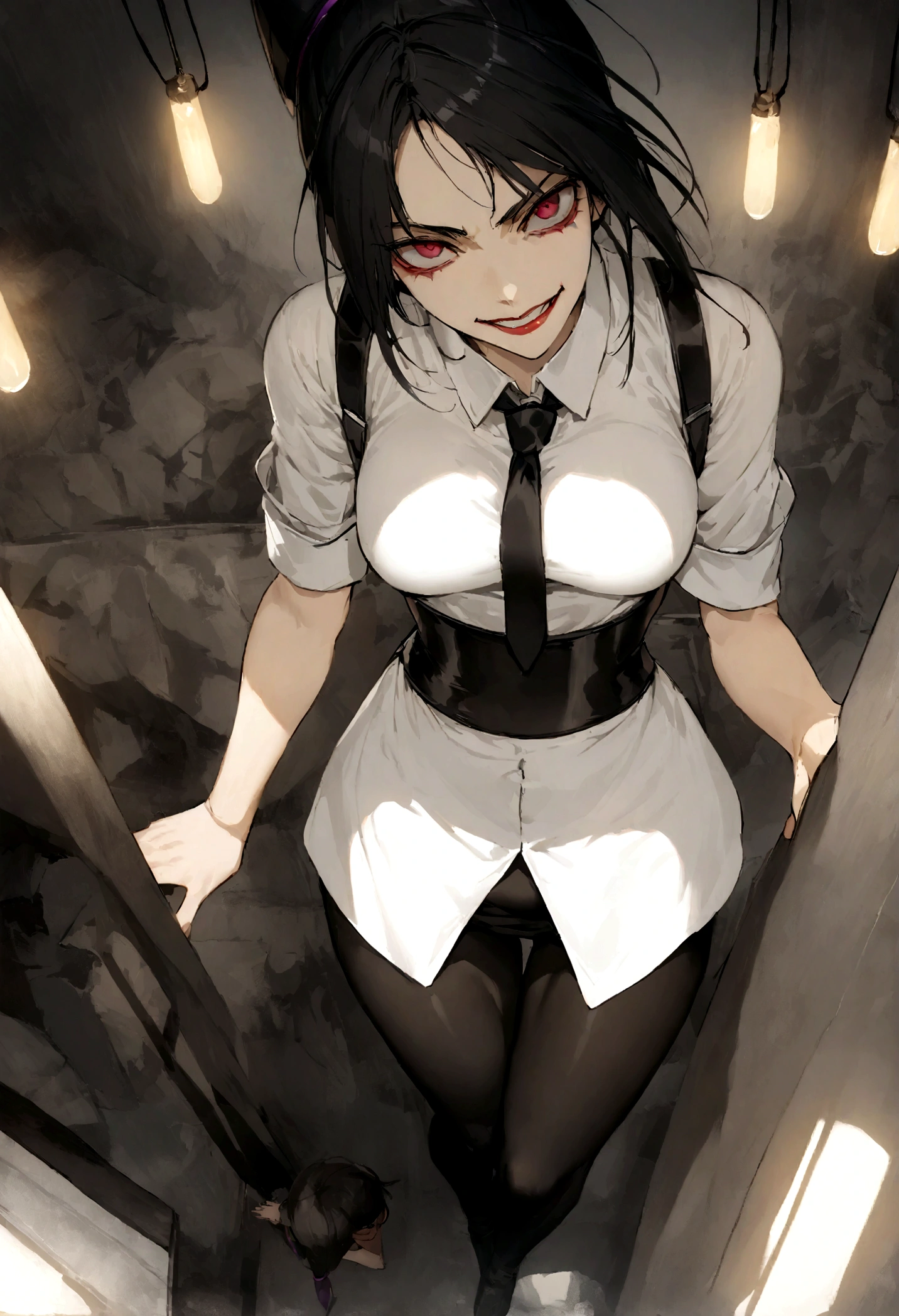 juri han, work of art, tight white secretary shirt with black tie, black high waist skirt, short skirt, black hair, black tights,evil smile,office,franja nos olhos,lighting,chifre de cabelos,view from above,olhando para cima,sentada,pernas cruzadas
