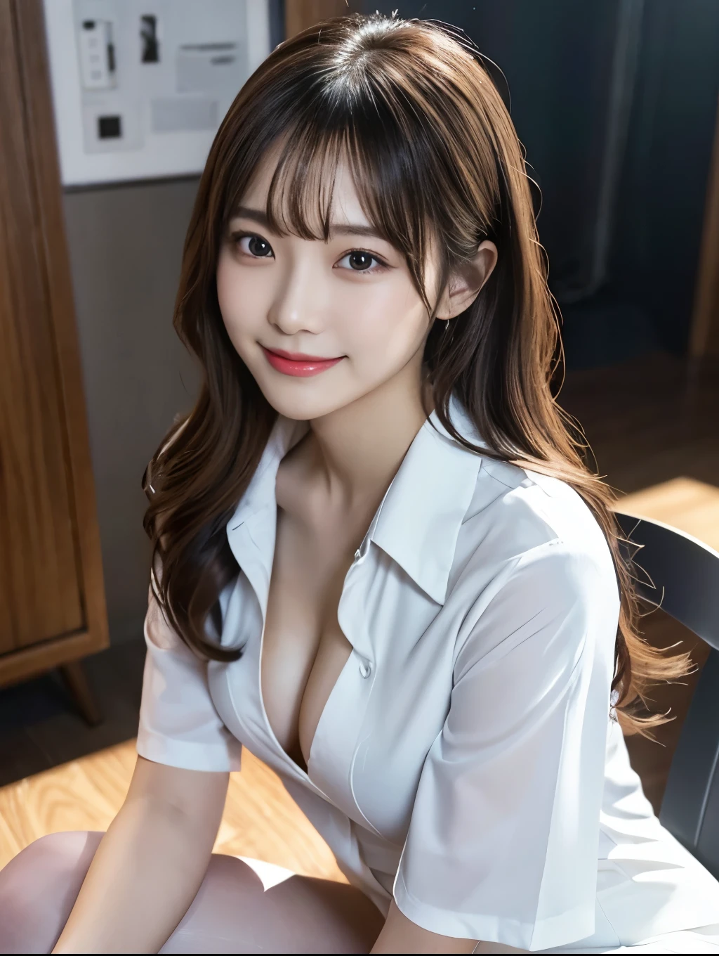 (Perfect Anatomy:1.2),Wearing a white open shirt,Sexy woman sitting on a chair, Wearing pantyhose, Crossing your legs, lower angle, Elegant legs, She wore a miniskirt secretary-style suit., Japanese Model, born,(8k、highest quality、masterpiece:1.2)、(Intricate details:1.4)、(Photorealistic:1.4)、Octane Rendering、Complex 3D rendering with ultra-detail, Studio Soft Light, Rim Light, Vivid details, Super Detail, Realistic skin texture, Detailed aspect, Beautiful details in the eyes, Highly detailed CG Unity 16k wallpaper, compensate, (Detailed Background:1.2),Glowing Skin,Wavy long hair with no bangs,Cute face:1.2,Age 20,Exposed thighs!!!,Smiling,