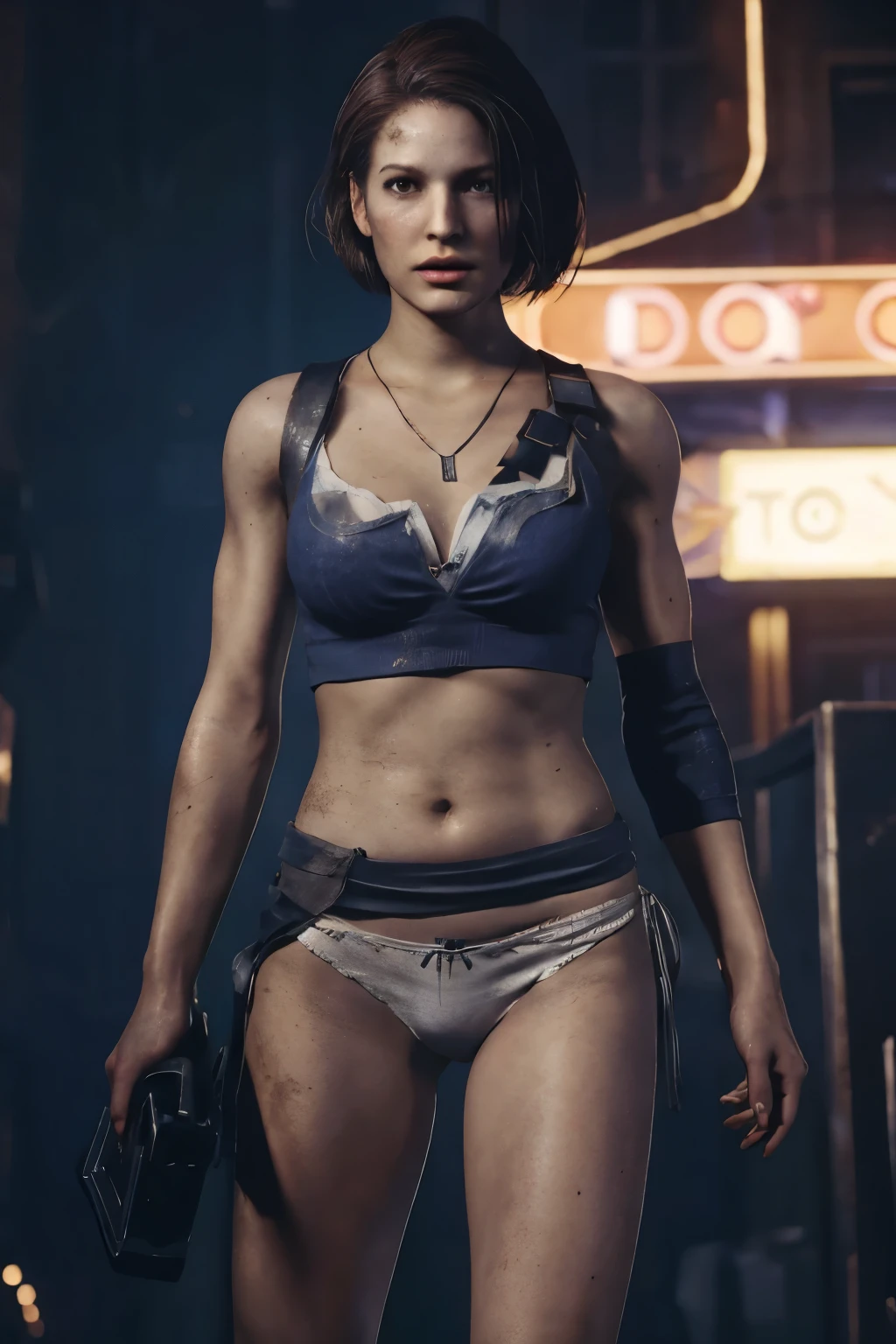 Jill Valentine up skirt,,Sienna Guillory open thighs, tube top, cleavage,navy miniskirt,(white panties),(shoot from below),Torn Clothes,