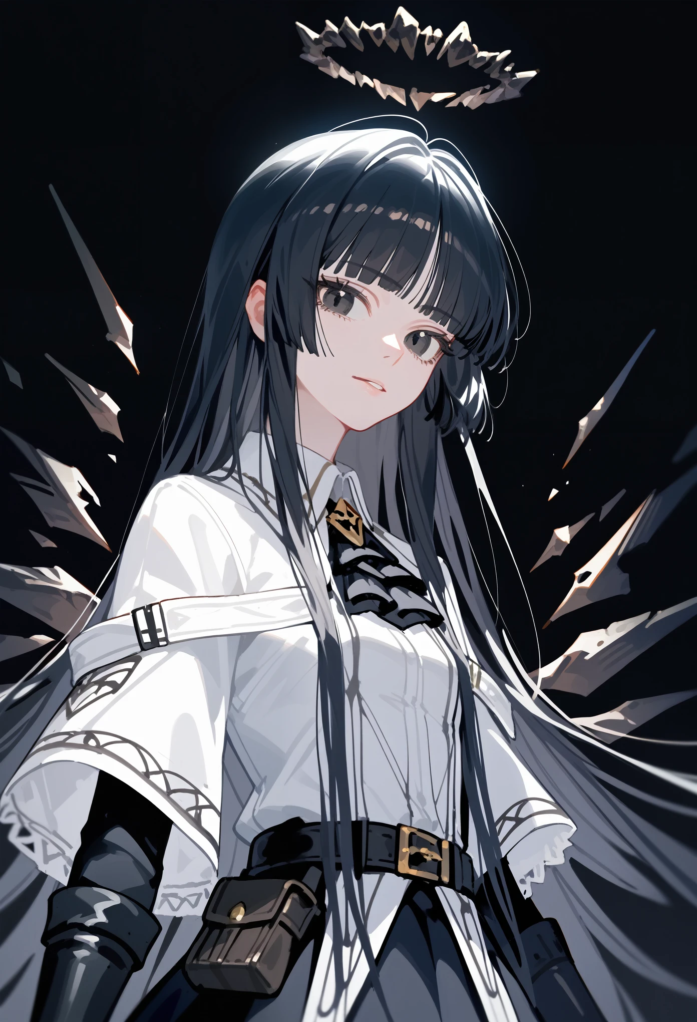 (score_9, score_8_up, score_7_up, style_3), 1girl, VirtuosaBase, black eyes, long hair, hime cut, broken halo, black ascot, white shirt, capelet, black sleeves, black gloves, belt, black skirt, energy wings, looking at viewer, upper body, zoom out, small breasts, calm, portrait, black background, eerie background, creepy