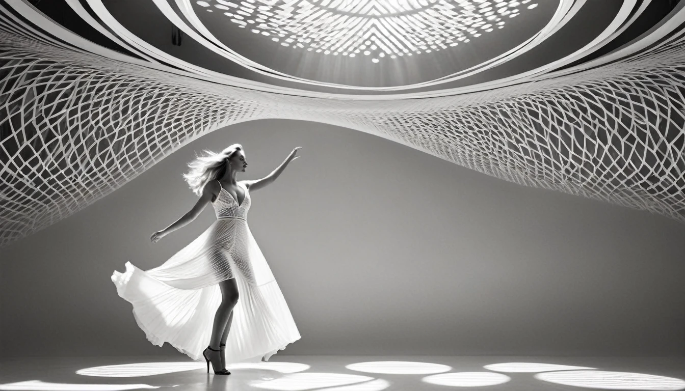 Masterpiece, award-winning photograph, UHD, RAW, (ultra high quality, 8k, intricate details), professional studio photo,(((black and white filter))), full body portrait photo of a beautiful 25 y.o. old european woman dancing before a ((((geometrical art installation inspired by Victor Vasarely)))),wearing a short white silk lace dress, (her body moving in motion), outstrecthed arms, joyfull delighted face, (extra long endless long wavy blonde hair) floating around, skinny fit body, standing in ((various sexy dynamic poses)),perfect curved body, natural tight breasts, nice legs, (real human hands with five fingers), mesmerizing body movements, graceful poses, in the background (geometrical patterns:1.32), (contemporary art), contrasting light and shadows, black and white photography, artistic expression, intense emotions, dramatic compositions, high contrast, best shadow, best quality, monochromatic tones, evocative and sensual, masterful artistry, captivating details, minimalist aesthetic, intense focus on the human form, intricate body positions, subtle lighting, beautifully captured emotions, merging elation and pleasure, (best quality, 4k, highres, masterpiece:1.2), dramatic lighting, phenomenal black and white portraits.