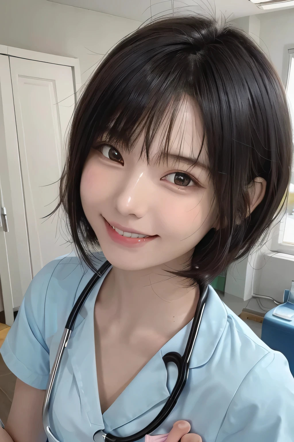 205  ((short hair)), 20-year-old female, Surrealism, Flower Smile、Gums are visible、Beautiful teeth alignment、Black Hair、ear piercing、nurse、Nurse uniform、Stethoscope、Smiling with teeth showing、The background is in the room、