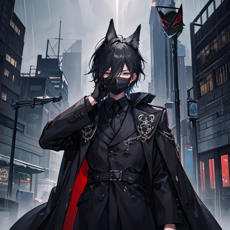 1boy, black heir, Night City, rain, ((black long coat)), (((black fox mask))),hand up,mask on hand,covering face,