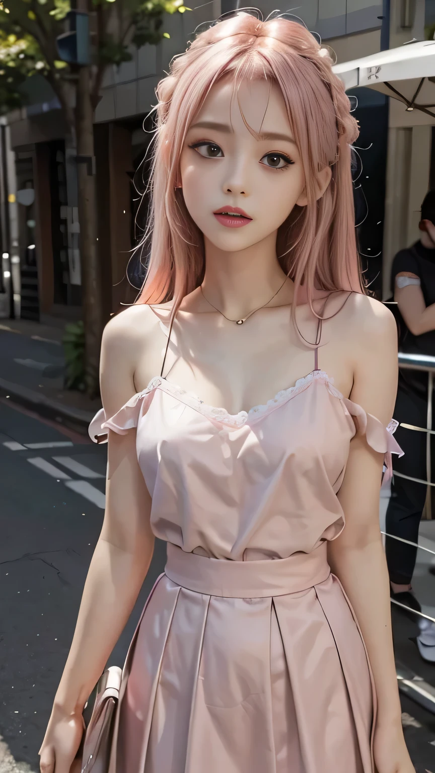 masterpiece, highest quality, High resolution, Absurd, One girl, crowd, skirt, Pink Hair, gasai yuno, From below, Revealing clothing, , Outdoor, sunlight, street, View Viewer, blush,