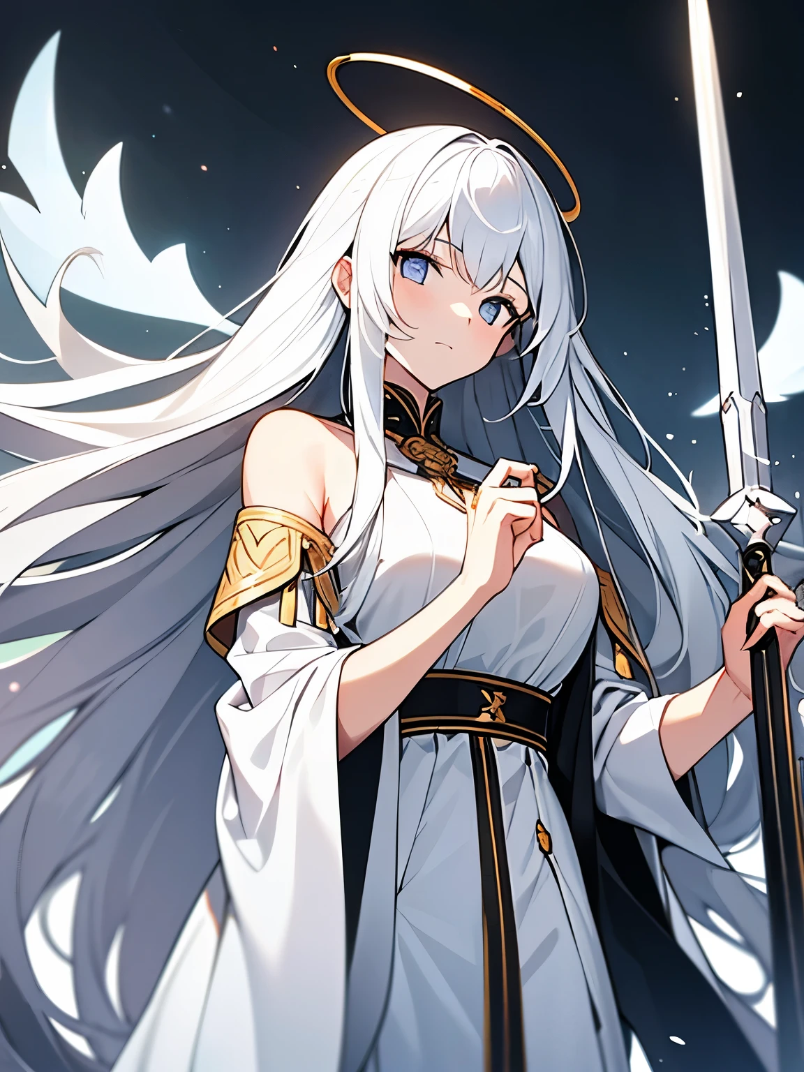 Young woman, loose white clothes, white long hair, straight hair, silver eyes, character looking up and down,in the hands of a solid metal spear, Black Sky, behind the head there is a bright golden halo