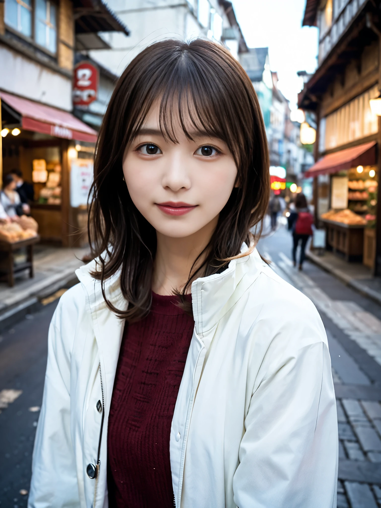  (8K, RAW photo, highest quality, masterpiece:1.3), (realistic, photo-realistic:1.4), (Highly detailed 8K wallpaper), sharp focus, Depth of written boundary,
 japanese idol,very cute, (coat:1.3),(long hair: 1.3), Upper body, highly detailed face and eyes,((shiny skin:1.2)), cinematic lighting, soft light, blur background,( An old European village street in the early morning, cobblestone roads, with a bakery emitting a warm glow and inviting aroma.)