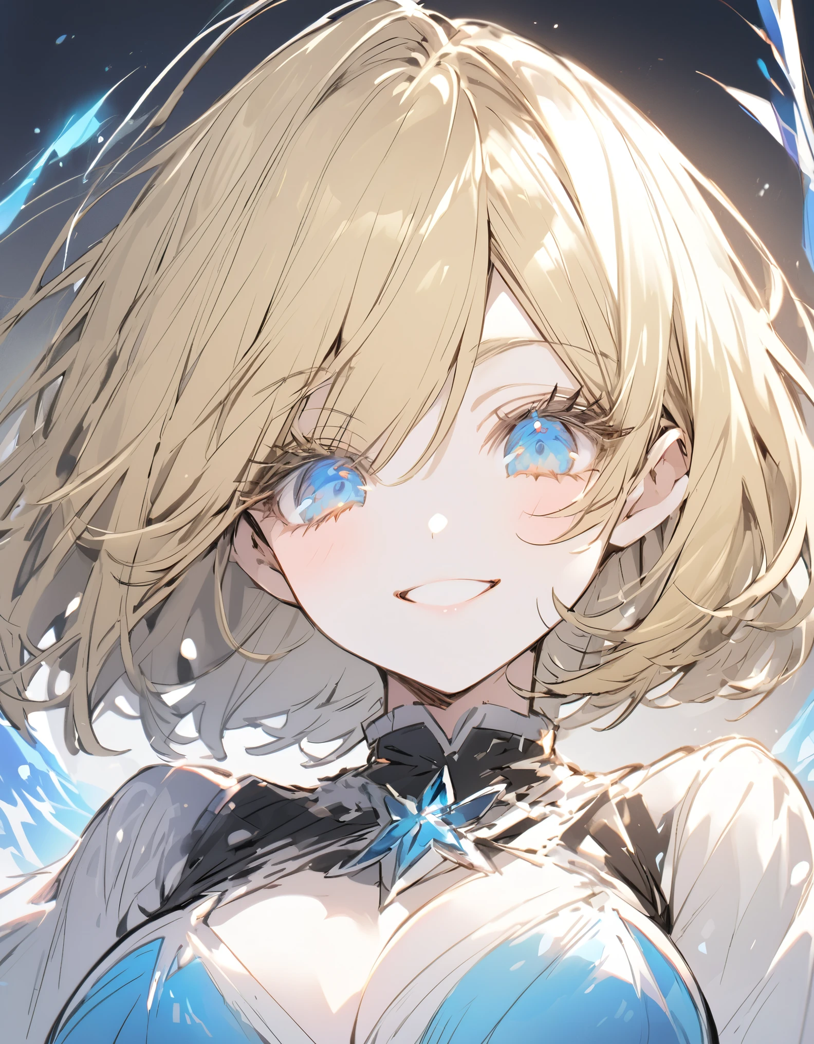 Anime girl with blue eyes and blonde hair in a blue dress - SeaArt AI