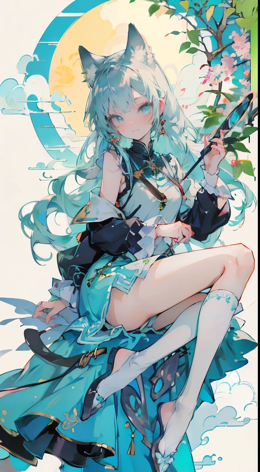 ((Tabletop, highest quality: 1.1), ((Anime girl in a blue dress holding a magic wand)), Art Nouveau、メイド服を着たアニメのCat girl, , ((Green hairs))、Long-haired、((Eyes like shining jewels Long lashes Transparency))、Very Beautiful Anime Cat girl, アニメCat girl, ((White knee-high socks)), 魅力的なCat girl, Inspired by Leiko Ikemura, Takano Aya color style, in ryuuou no oshigoto art style, Cat girl, Favorite character, rei hiroe、With a smile