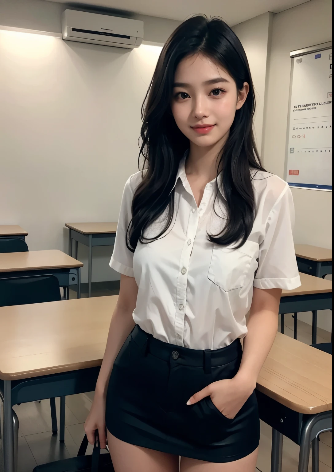 a beautiful cute and sweet 18 year old Korean college student girl in a classroom, standing with an above knee length Light colour Purple uniform, intricate detailed face, beautiful eyes, nose, lips, long eyelashes, elegant posture, ambient lighting, photorealistic, cinematic lighting, highly detailed, 8k, masterpiece, beautiful face, realistic face, realistic skin, realistic smile, realistic atmosphere, every thing is realistic, cutest smile, realistic body, realistic body language, mouth watering beauty, cute face, stylish look, stylish angles, tempting eyes, realistic hands, realistic arms, realistic hand fingers, realistic legs, bright skin, perfect body figure, round youngest breasts, standing in class a room, black board, books, bags, friends in a background, glowing skin, glowing face, black silky hair, her one hand playing with her hair,