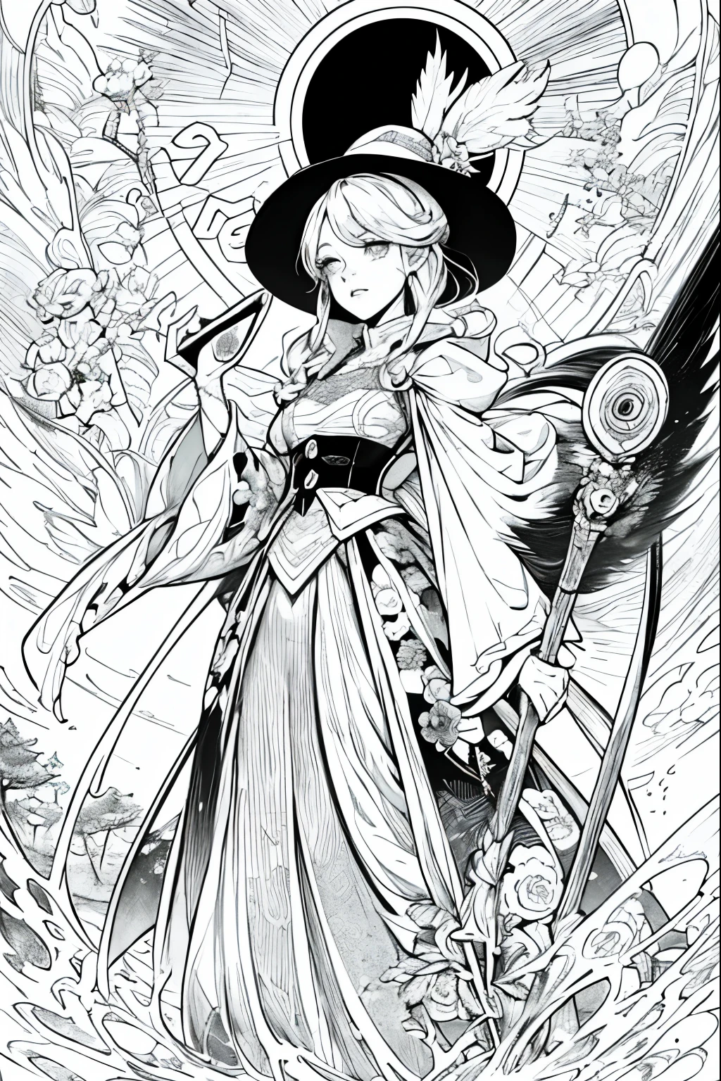 A painting of a costumed woman holding a hat and a walking stick, Manga drawn by Junpei Sato, Pixiv, Gothic art, pencil and Ink Manga, Beautiful line art, Pencil and ink cartoon, Shirow Masamuneスタイル, Shirow Masamune, Ink Manga, Very detailed fan art, Complex manga drawing