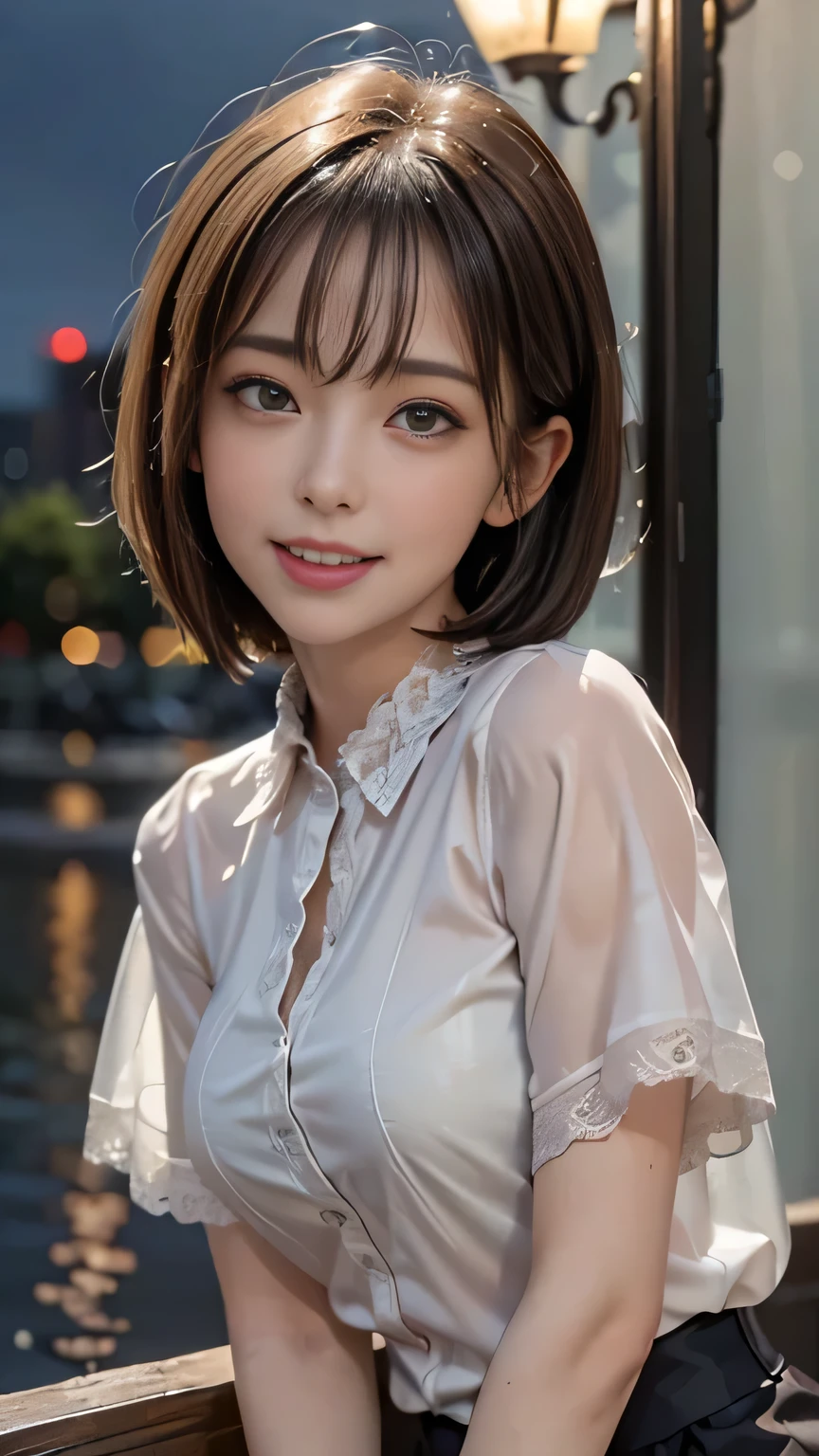 (8k, highest quality, masterpiece: 1.2), (Realistic, Realistic: 1.3), Very detailed, 1 girl, Mid-chest, Beautifully detailed skies, Detailed Cafe, night, (blush), (smile: 1.15), (Mouth closed),  (Collared shirt: 1.1), night, Wet, Office Clothes, rain, White lace, (short hair: 1.2), Floating hair , Random sexy poses,