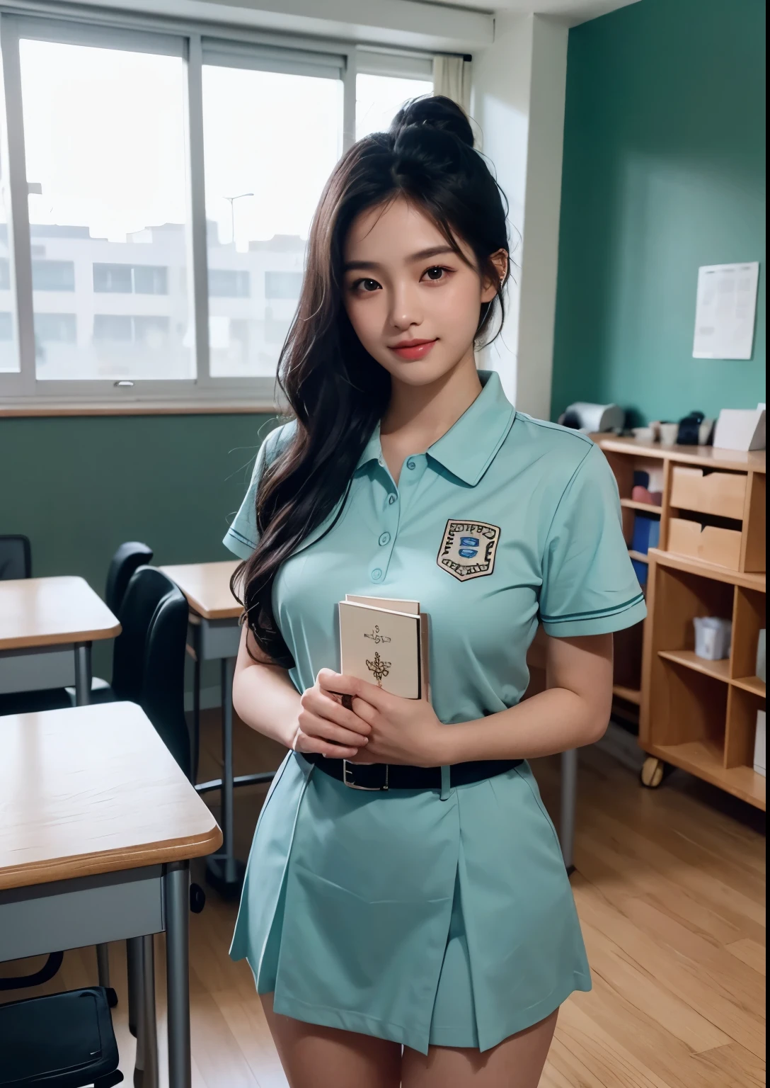a beautiful cute and sweet 18 year old Korean college student girl in a classroom, standing with an above knee length seafoam uniform, intricate detailed face, beautiful eyes, nose, lips, long eyelashes, elegant posture, ambient lighting, photorealistic, cinematic lighting, highly detailed, 8k, masterpiece, beautiful face, realistic face, realistic skin, realistic smile, realistic atmosphere, every thing is realistic, cutest smile, realistic body, realistic body language, mouth watering beauty, cute face, stylish look, stylish angles, tempting eyes, realistic hands, realistic arms, realistic hand fingers, realistic legs, bright skin, perfect body figure, round youngest breasts, standing in class a room, black board, books, bags, friends in a background, glowing skin, glowing face, black silky hair, beautiful hairstyle, (one hand playing with her hair), hair bun, book in hand, 