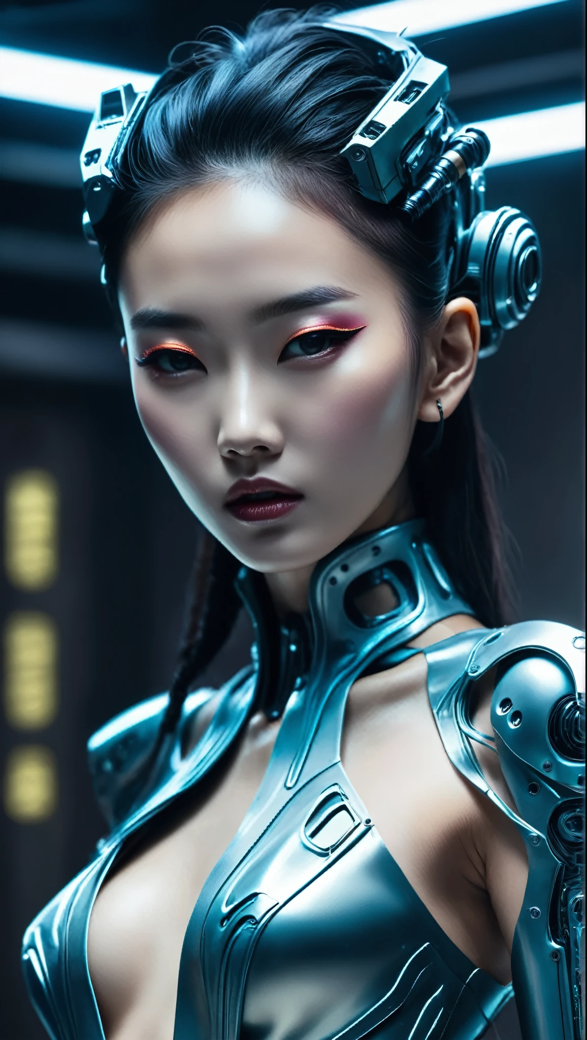 Optimal image, (8K, RAW photo, Realistic), Delicate and delicate brushstrokes and gorgeous and dynamic painting techniques, A full-body photo of a fashion model,A fashion runway for alien technology , vogue photography , Inspired by Chinese Xianxia and cyberpunk。(Best quality,4K,8K,A high resolution,Masterpiece:1.2), (Realistic,Photorealistic,photo-realistic:1.37).