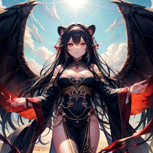 Lion, Black Hair, Red eyes, wing, Very monstrous woman