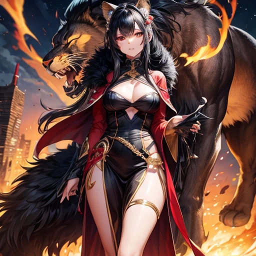 Lion, Black Hair, Red eyes, wing, Very monstrous woman Alluring thighs