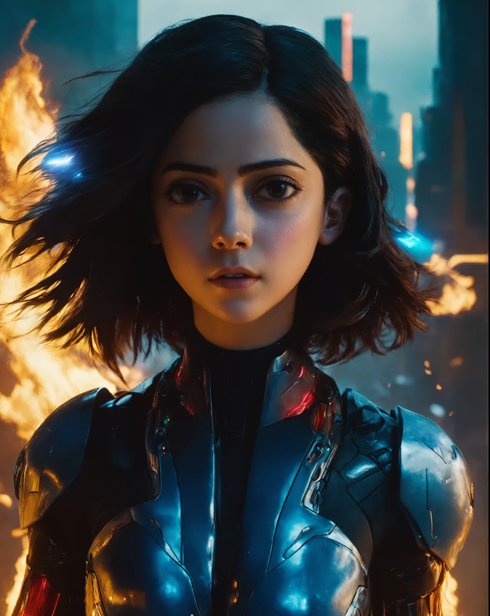 rosa_salazar_alita, big eyes, robot, science fiction, realistic, android, cyborg, ((glowing strands, glowing yellow electric cybernetics embeddings in hair, red glowing cracks in armor)),epic cyberpunk city in background, ((blue flames, blue fire)), firedragon, dragon shaped flames, fire circles, dramatic lighting, smoke, evil, very long hair, long floating hair, windy, storm,splash, fire particles, toxic environment, cyberpunk theme, ,((sharp face, detailed face, realistic face, naturtal skin, realistic skin, detailed skin, pores))