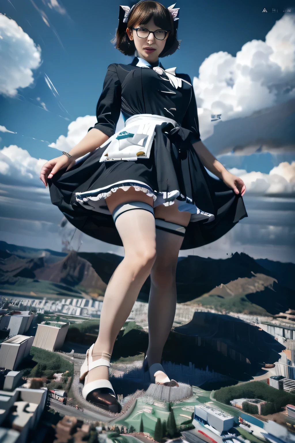 giantess art, highly detailed giantess shots, giantess, Two legs, Five fingers, short hair, A beautiful girl who is bigger than any skyscraper, Wearing rimless glasses, smile, Big Breasts, Maid clothes, Black Pantyhose, black pantyhose, no shoes on, toes visible through pantyhose, Steam coming out from the soles of my feet, Destroying cities, A very small big city, Miniature metropolis, Full body description, GTS, giga giantess, stomping city, crash city, tiny city, micro city, pantyhose feet, High resolution, highest quality, masterpiece, Maid, maid, 
