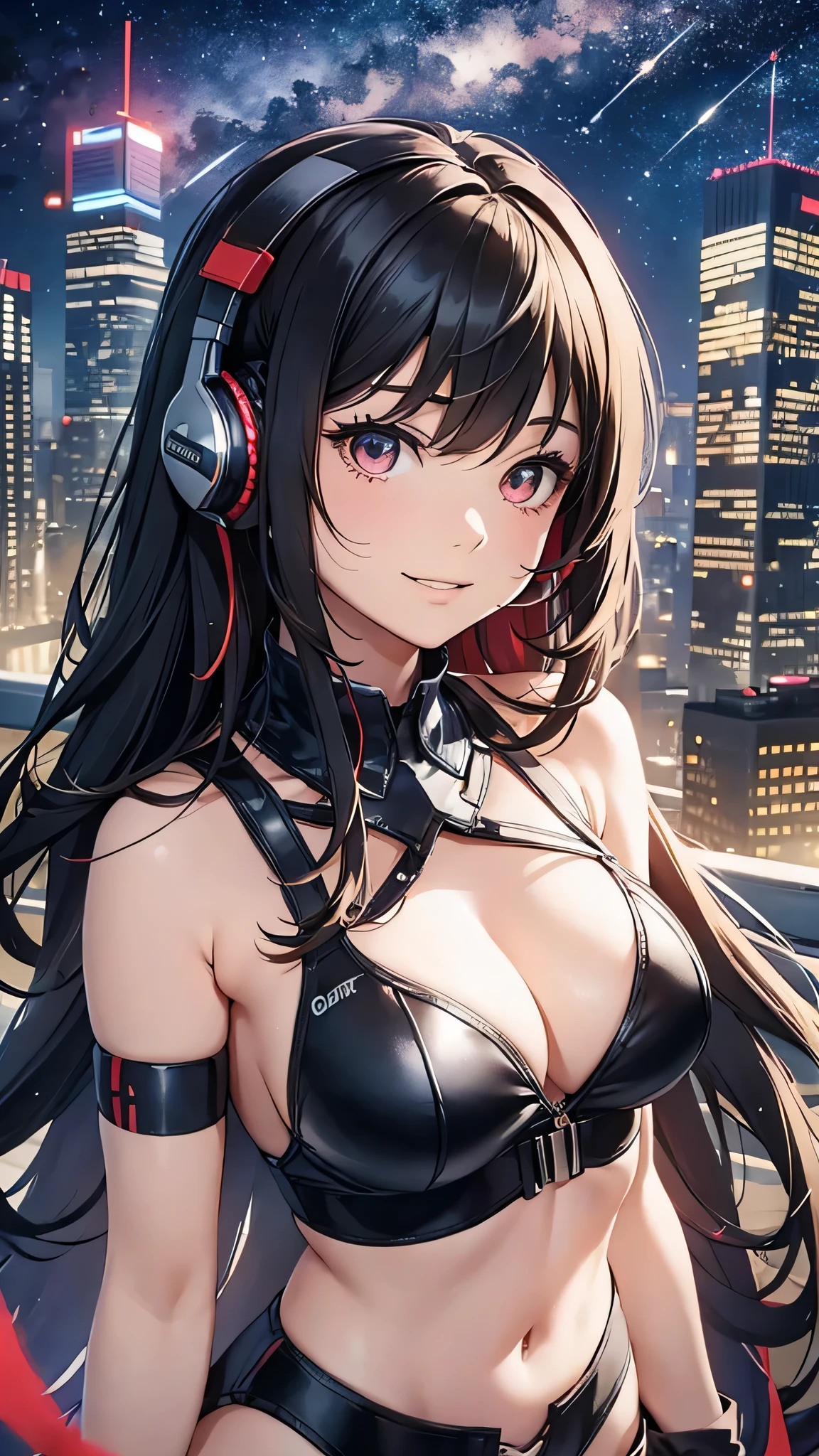 Highest quality、Highest quality、Masterpiece、girl((half、18-year-old、as soon as、Highest Bust、Medium Bust、Wide open chest、Red glowing eyes、Black Ear、Red Mesh、Disheveled Hair、Loincloth、thin、The best valley、Open chest、hair ornaments、Full body view、pants、Sports Bra、Random Pause、smile、headphone))、high quality、Beautiful Art、background((Collapsing Ground、no gravity、Floating Object、City of night、shooting star、universe))、flight、Flying Debris、Depth of text、movie、Visual Arts、Perfect Art、8K、Genuine、Special Angles