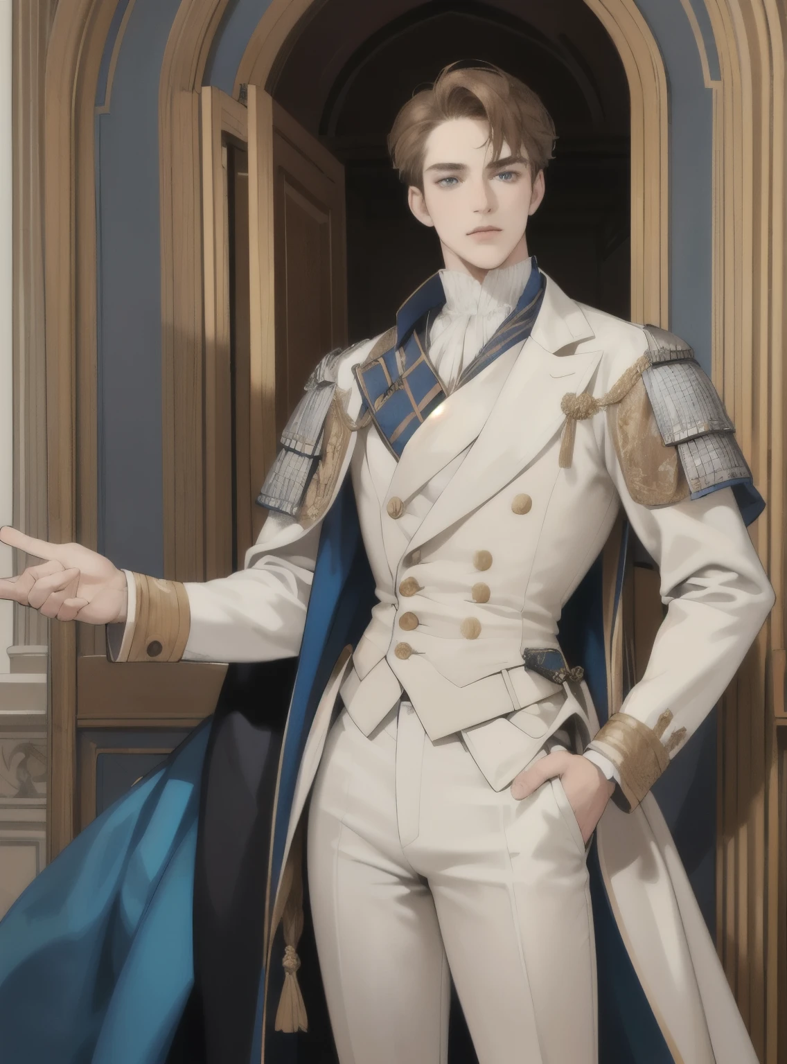 Describe an 18th-century 28-year-old man named Frank with light brown hair and deep blue eyes, who appears handsome. Frank prefers medieval-inspired fashionable business attire to showcase his confidence and success. He seems savvy and ambitious, with a sharp gaze and meticulous dress. His attire should blend classic medieval elements with modern business fashion, incorporating rich fabrics, tailored fits, and a unique accessory signifying his ambition
