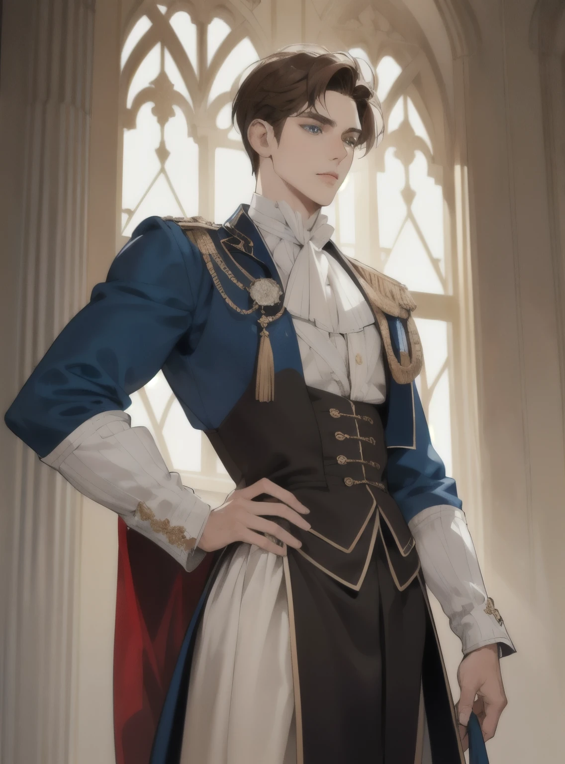 Describe an 18th-century 28-year-old man named Frank with light brown hair and deep blue eyes, who appears handsome. Frank prefers medieval-inspired fashionable business attire to showcase his confidence and success. He seems savvy and ambitious, with a sharp gaze and meticulous dress. His attire should blend classic medieval elements with modern business fashion, incorporating rich fabrics, tailored fits, and a unique accessory signifying his ambition