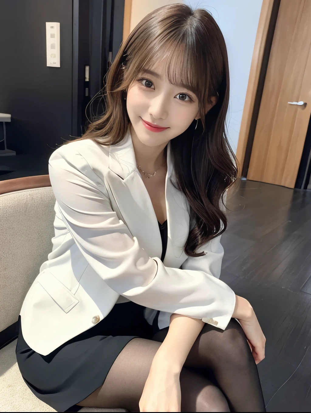 (Perfect Anatomy:1.2),Wearing a white open shirt,The front of the shirt is fluttering,Sexy woman sitting on a chair, Wearing pantyhose, Crossing your legs, lower angle, Elegant legs, She wore a miniskirt secretary-style suit., Japanese actress, born,(8k、highest quality、masterpiece:1.2)、(Intricate details:1.4)、(Photorealistic:1.4)、Octane Rendering、Complex 3D rendering with ultra-detail, Studio Soft Light, Rim Light, Vivid details, Super Detail, Realistic skin texture, Detailed and beautiful face, Beautiful details in the eyes, Highly detailed CG Unity 16k wallpaper, compensate, (Detailed Background:1.2),Glowing Skin,Wavy long hair with no bangs,Random Hairstyles,Cute face:1.2,Age 20,Exposed thighs!!!,Smiling,