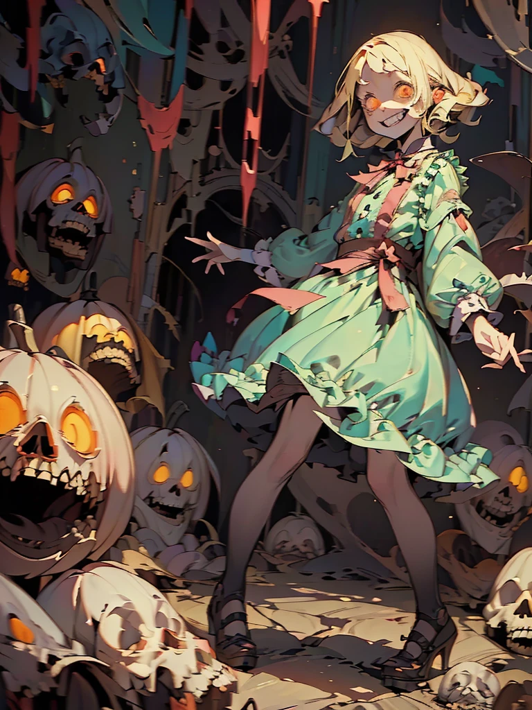 Gruesome and spooky details、An atmosphere full of suspense and tension、Psychological horror、Cute Smile、Mysterious and unsettling atmosphere、A terrifying moment、Nightmare scenario、Alice in Wonderland、Blonde、Big shoes、Enthusiastic atmosphere、Mischievous Smile、Expressive gestures、Comical movement、Psychedelic world