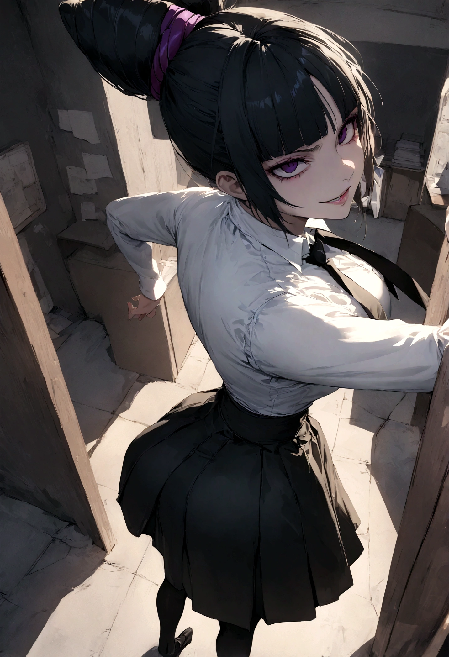 juri han, work of art, tight white secretary shirt with black tie, black high waist skirt, short skirt, black hair, black tights,evil smile,office,franja nos olhos,lighting,chifre de cabelos,view from above,olhando para cima,sentada,pernas cruzadas

