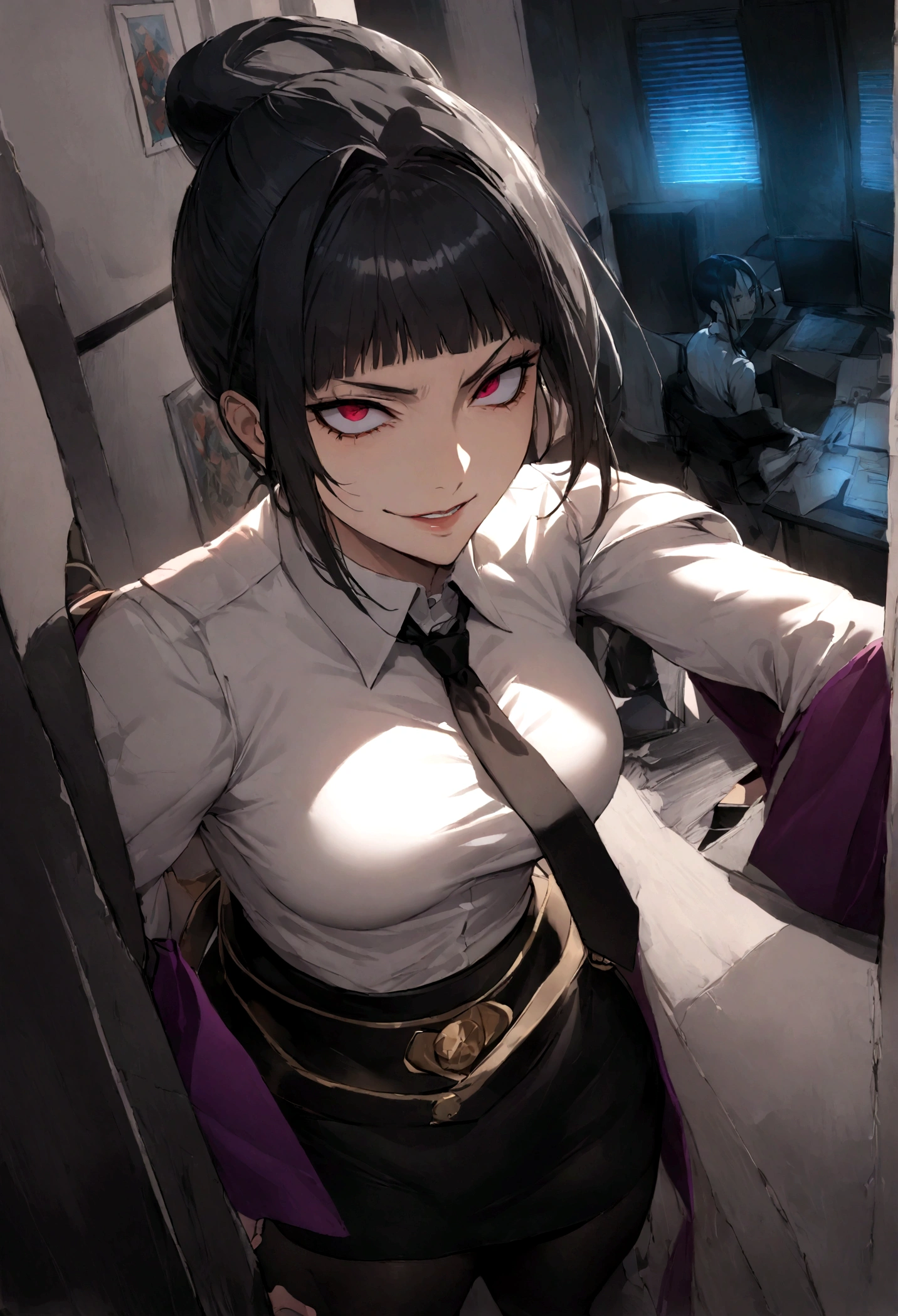 juri han, work of art, tight white secretary shirt with black tie, black high waist skirt, short skirt, black hair, black tights,evil smile,office,franja nos olhos,lighting,chifre de cabelos,view from above,olhando para cima,sentada,pernas cruzadas

