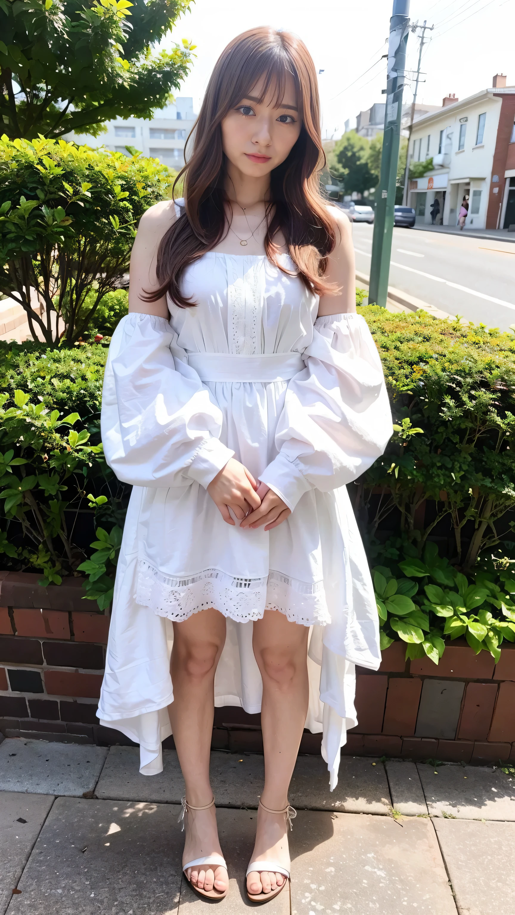 (8k、RAW Photos、highest quality、masterpiece:1.2)、(Realistic、Realistic)、1 girl、((White Dress、Frills、Check mini skirt、Long Hair、Off the shoulder、See-through、ribbon、Large Breasts、whole body、Sandals、garden、View from the front、looking at the camera、Standing with hands on hips))、